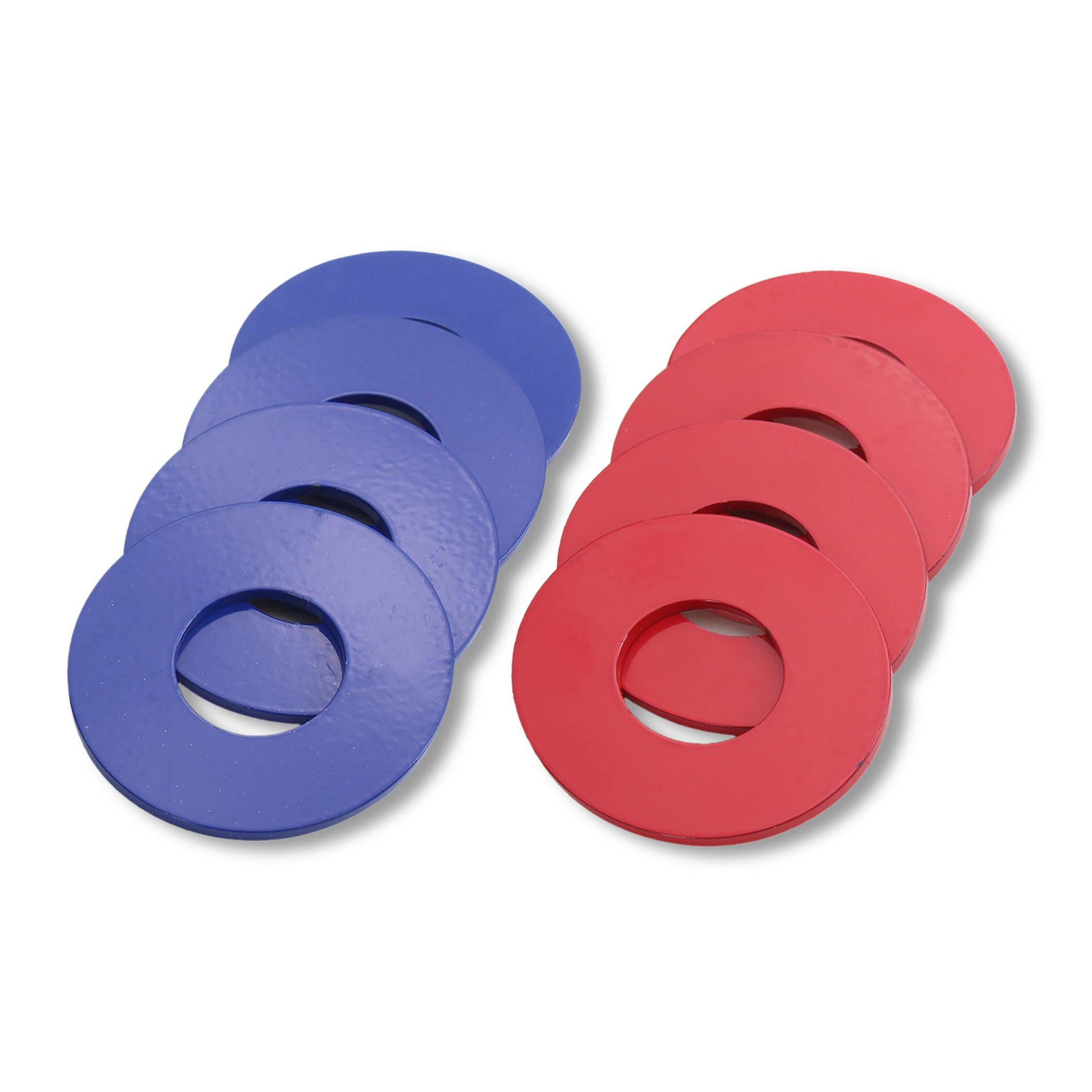 a set of four red, blue and white plastic rings