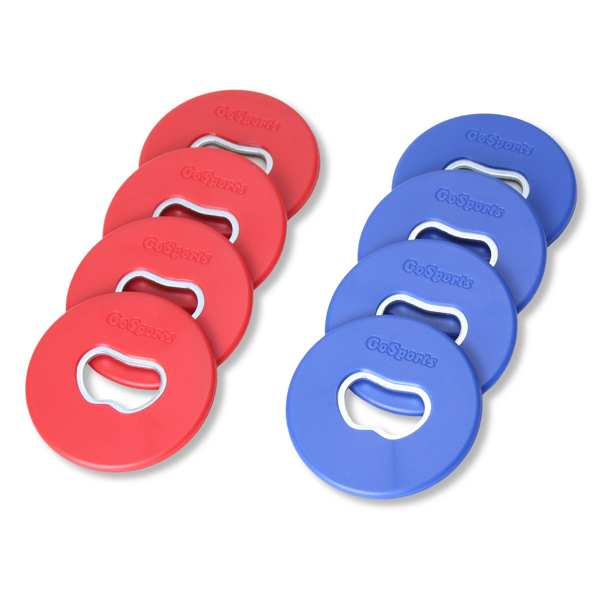 a set of four colored bottle openers