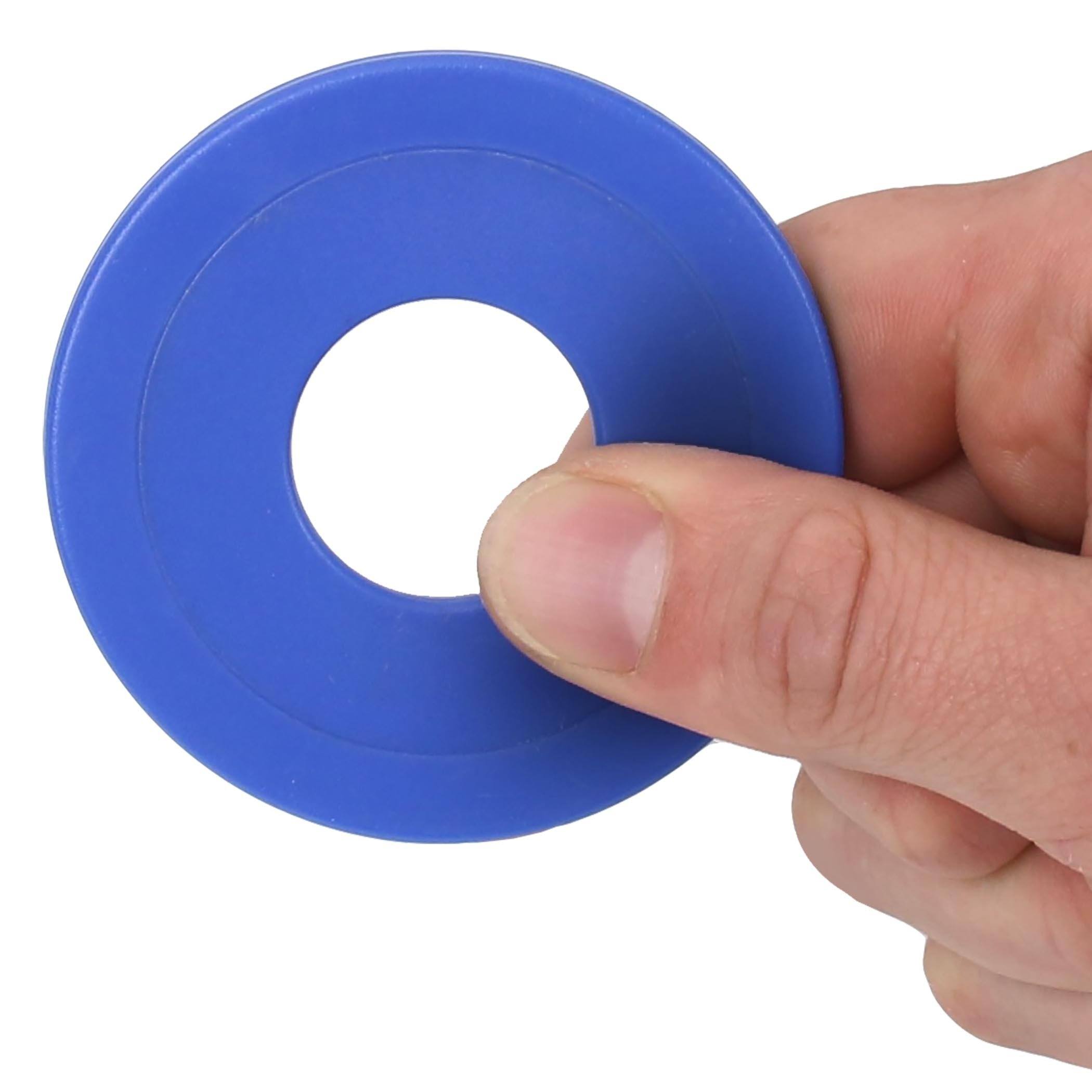 a hand holding a blue plastic ring