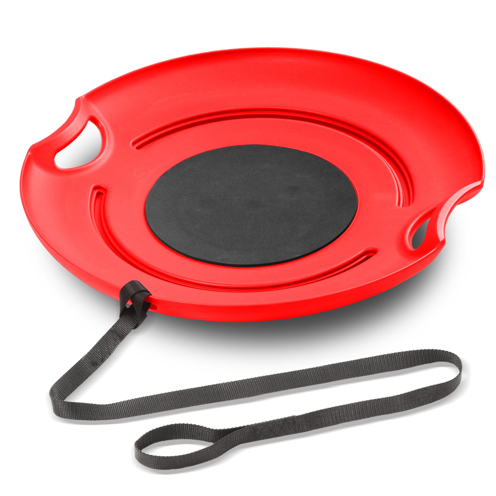 a red saucer with a black handle