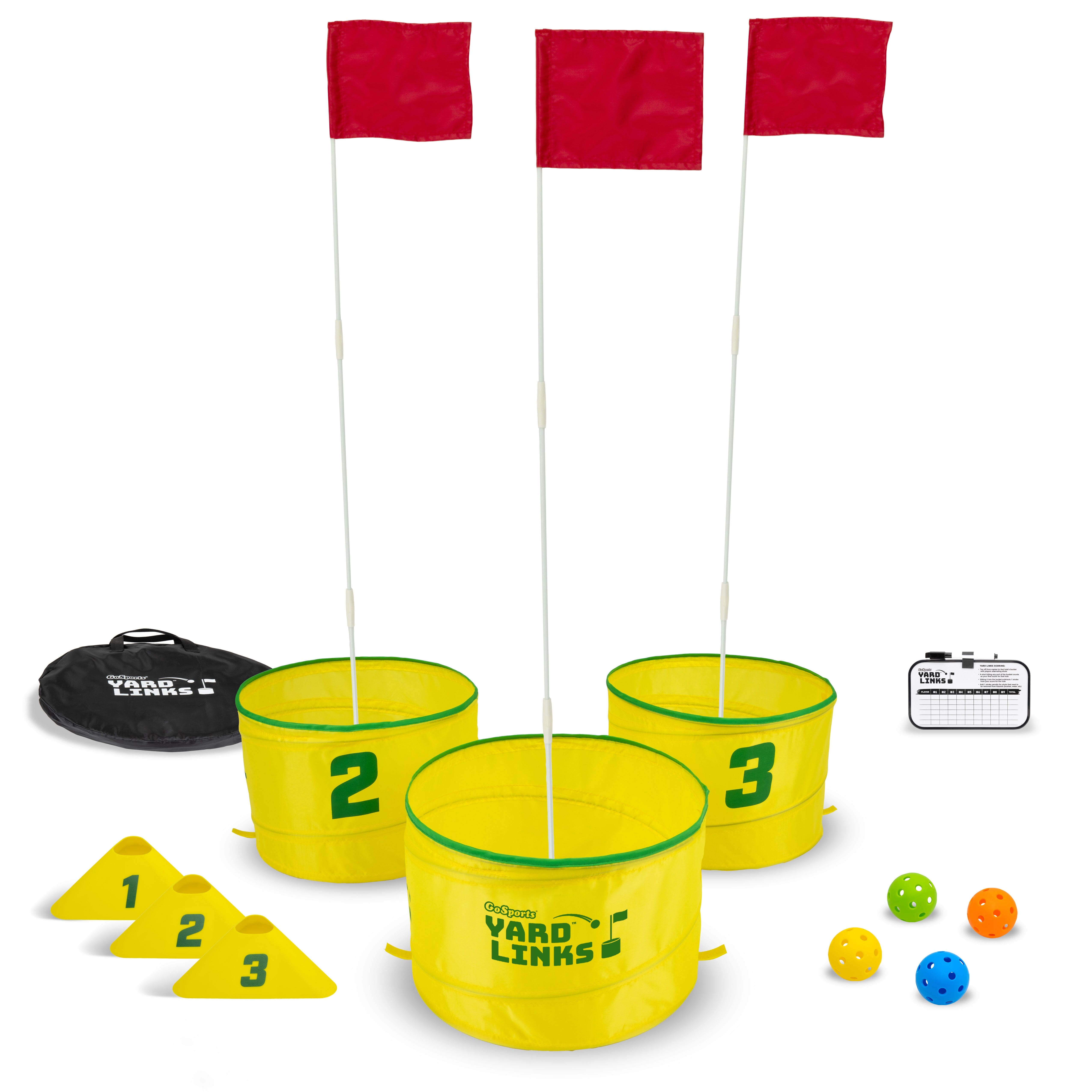 a set of three yellow plastic buckets with red flags and a black bag