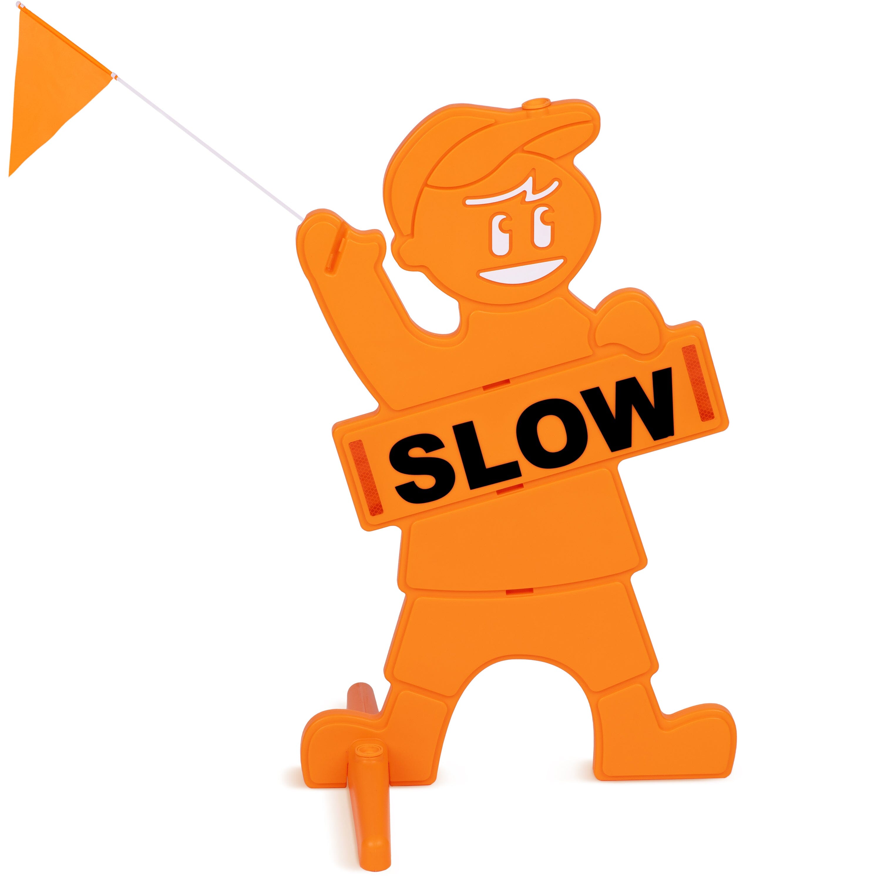 a person holding a sign that says slow