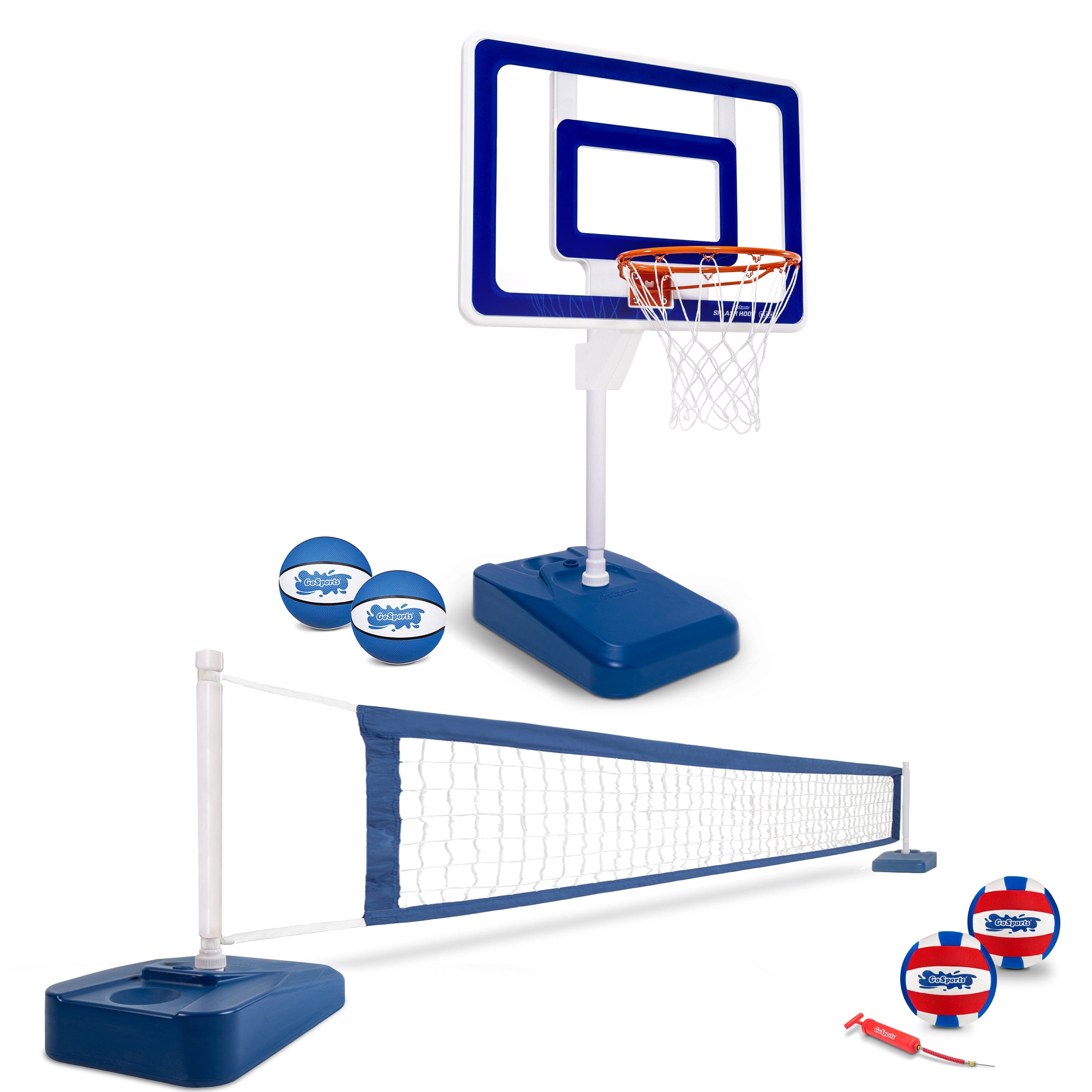 the blue and white basketball set with a net