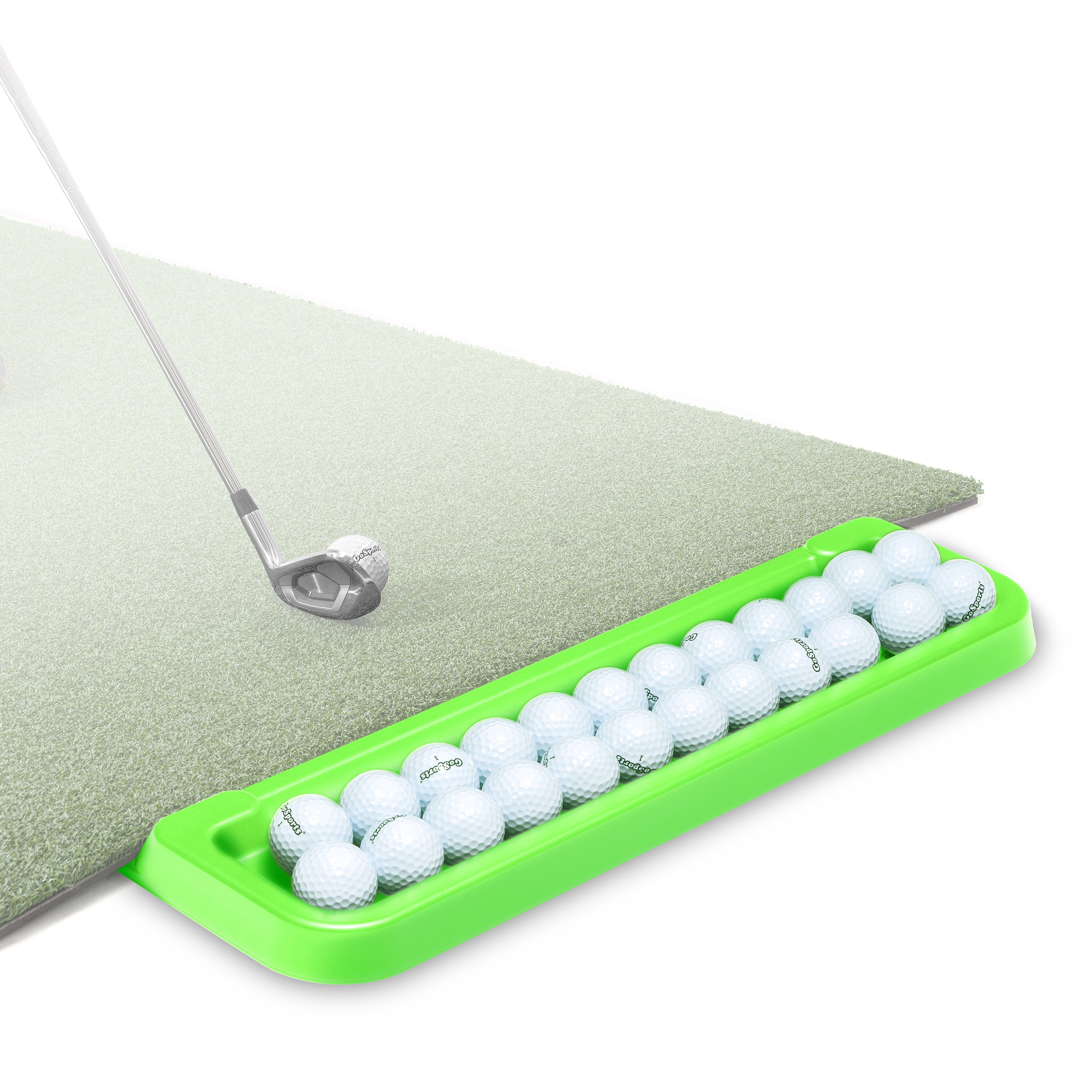 a golf ball and a putter on a putting mat