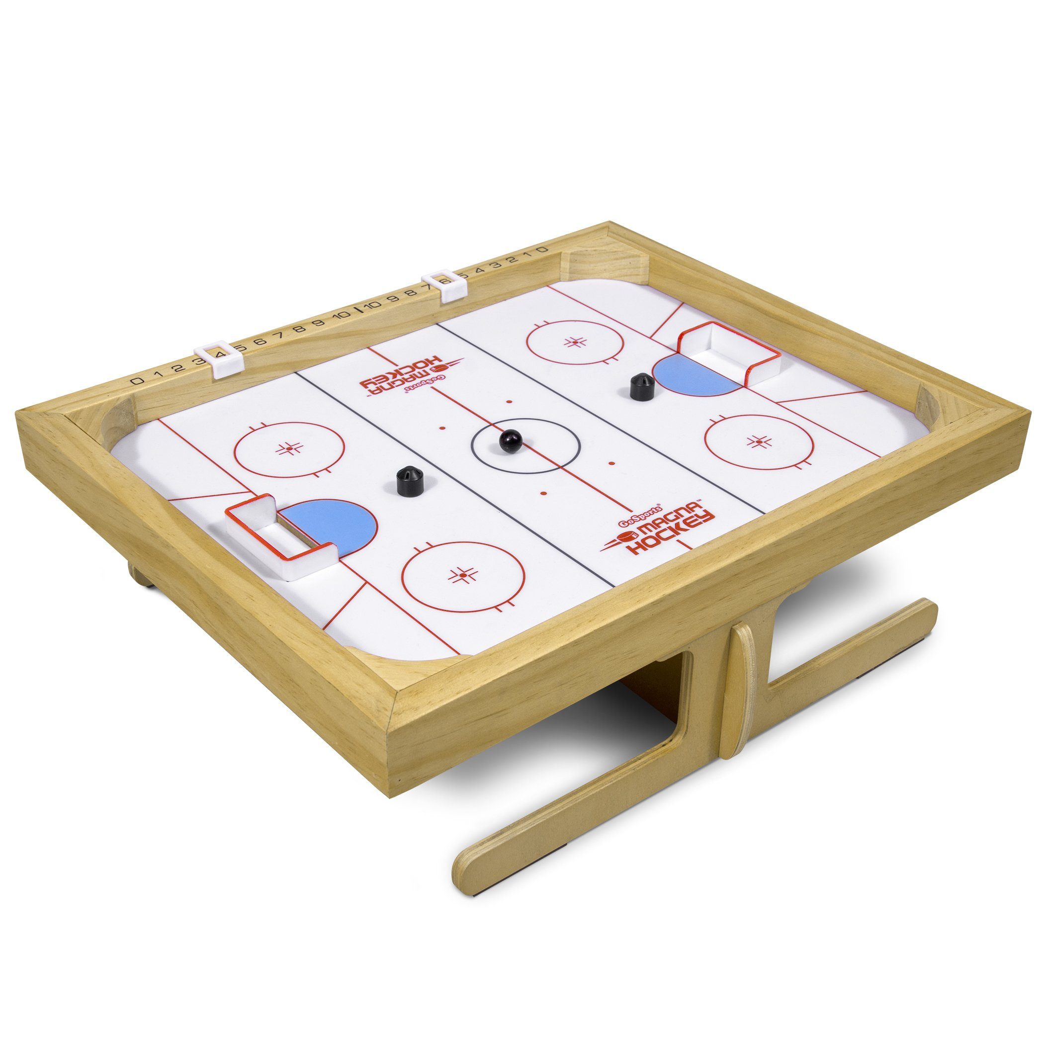 a wooden hockey table with a hockey puck