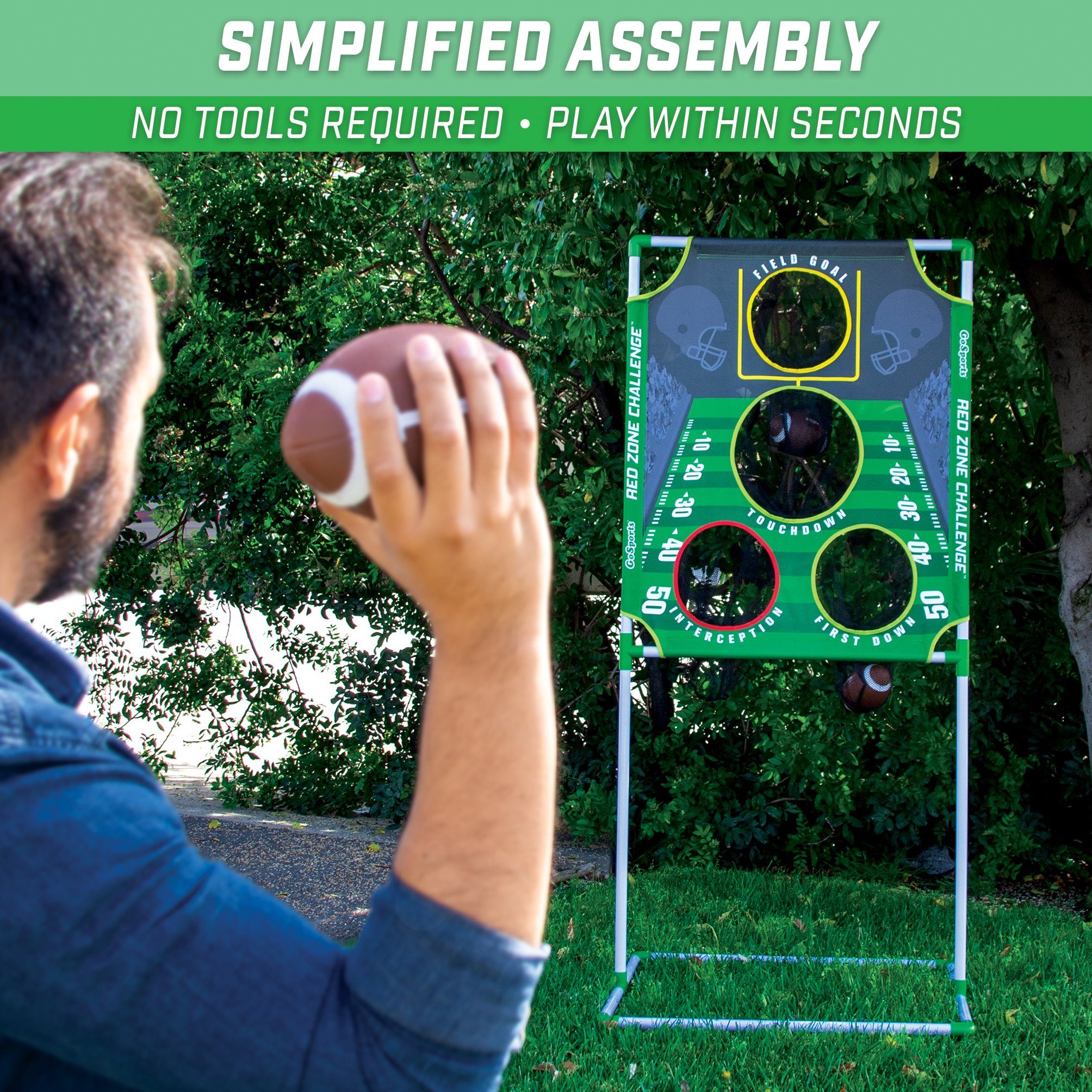 a man throwing a football ball in front of a football goal