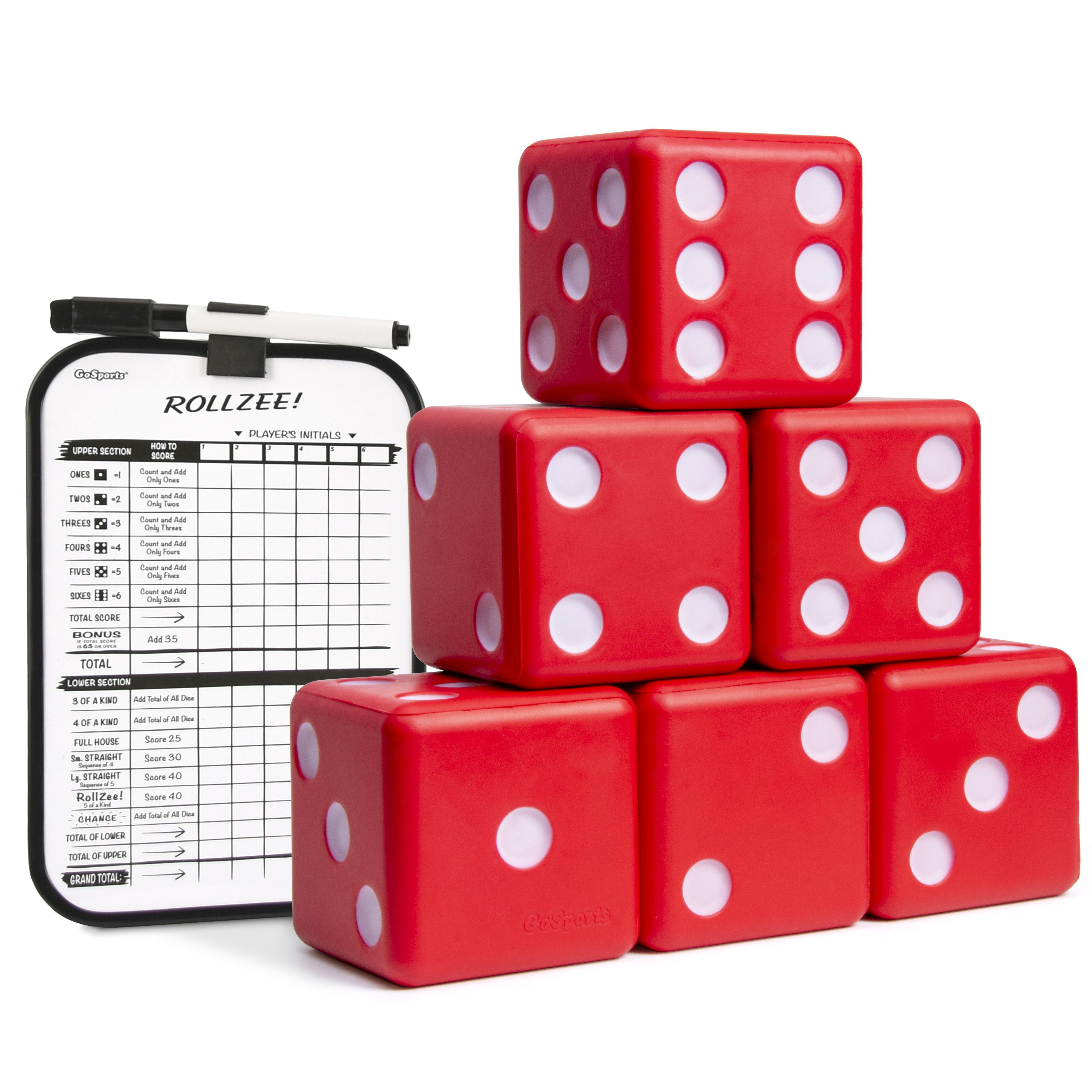 a red dice with white dots and a black case