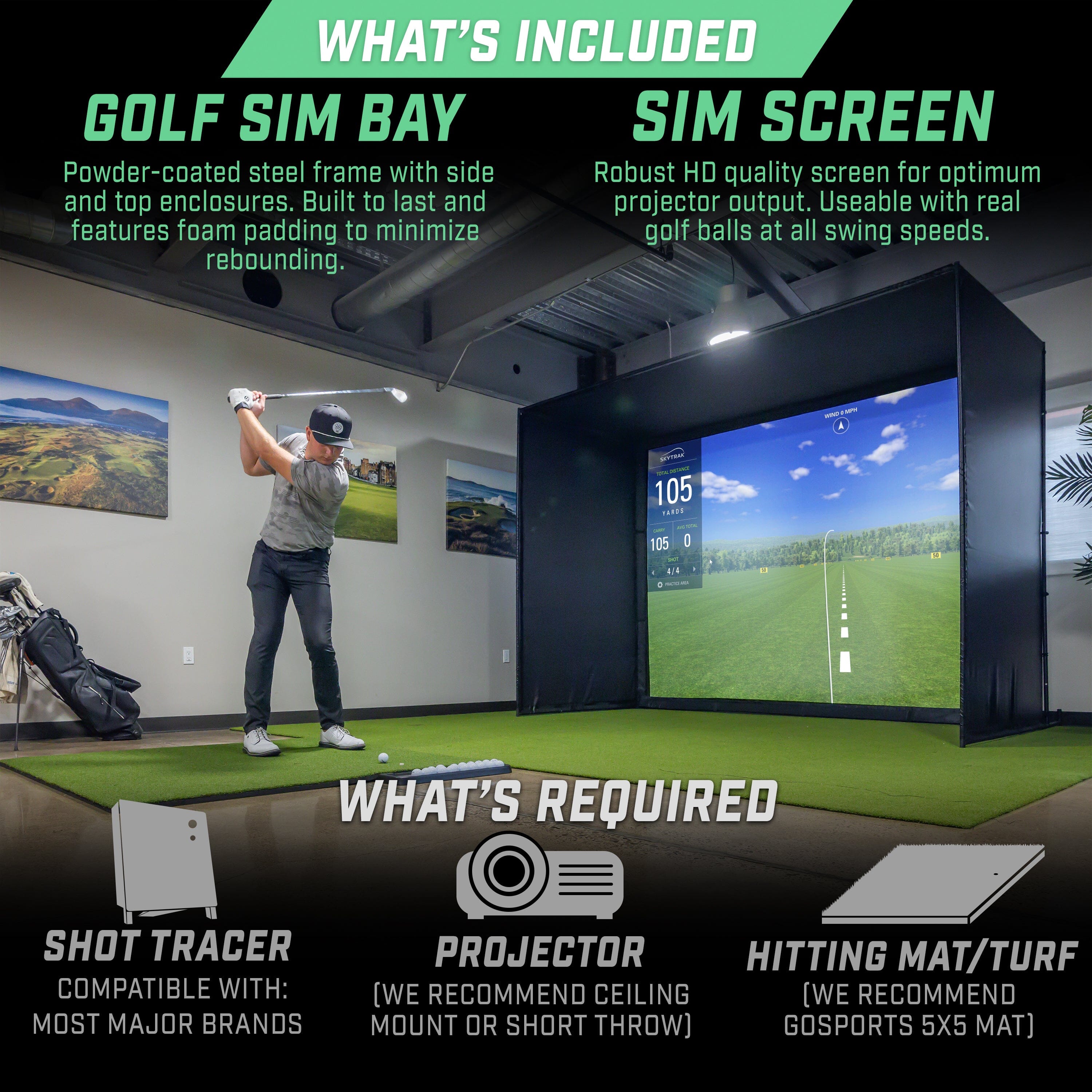 golf sim bay includes: Golf Sim Bay, and Sim Screen what is required: shot tracer, projector, hitting mat/turf(recommend 5 foot x 5 foot gosports mat)
 