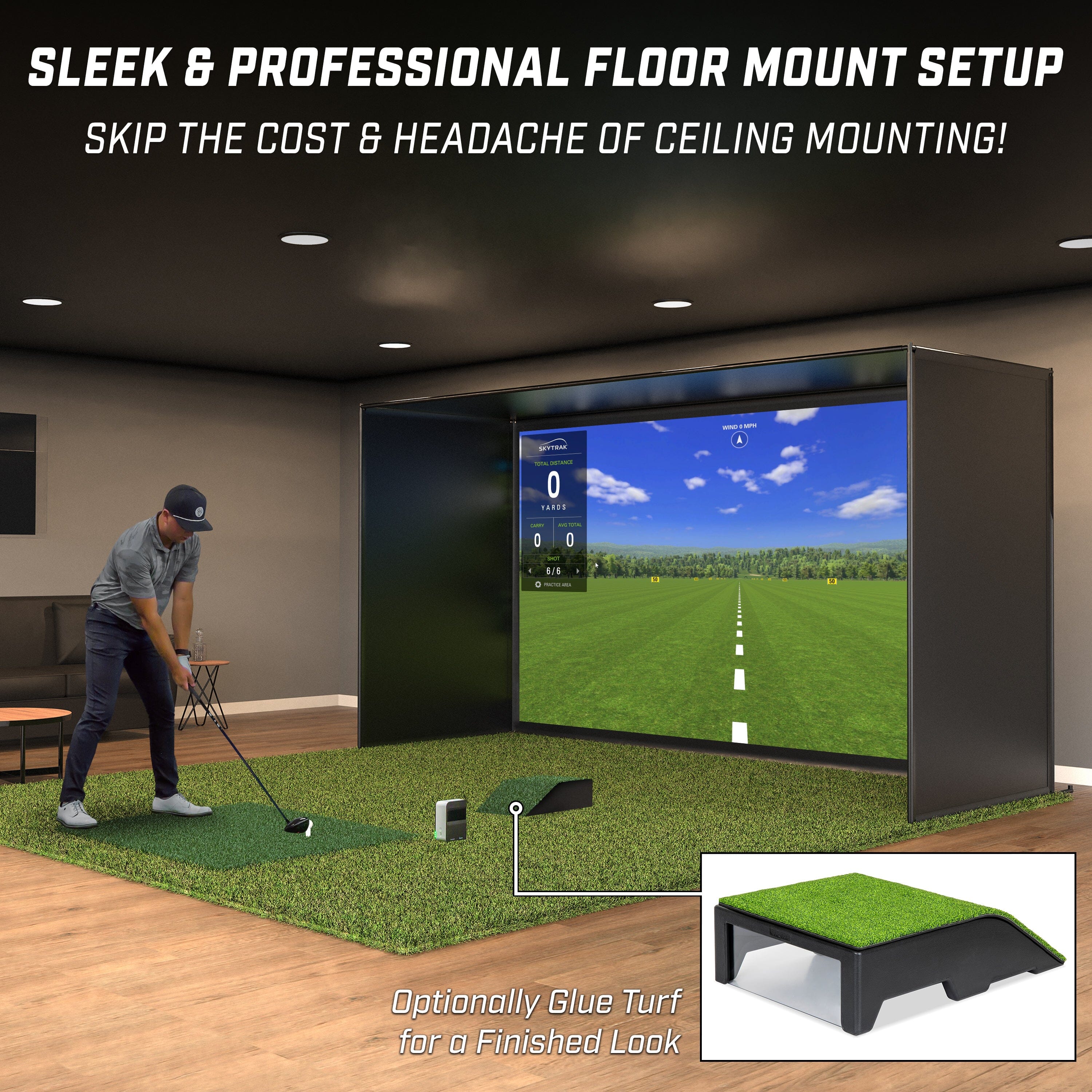 Man setting up to swing golf club. Sleek and professional floor mount setup 