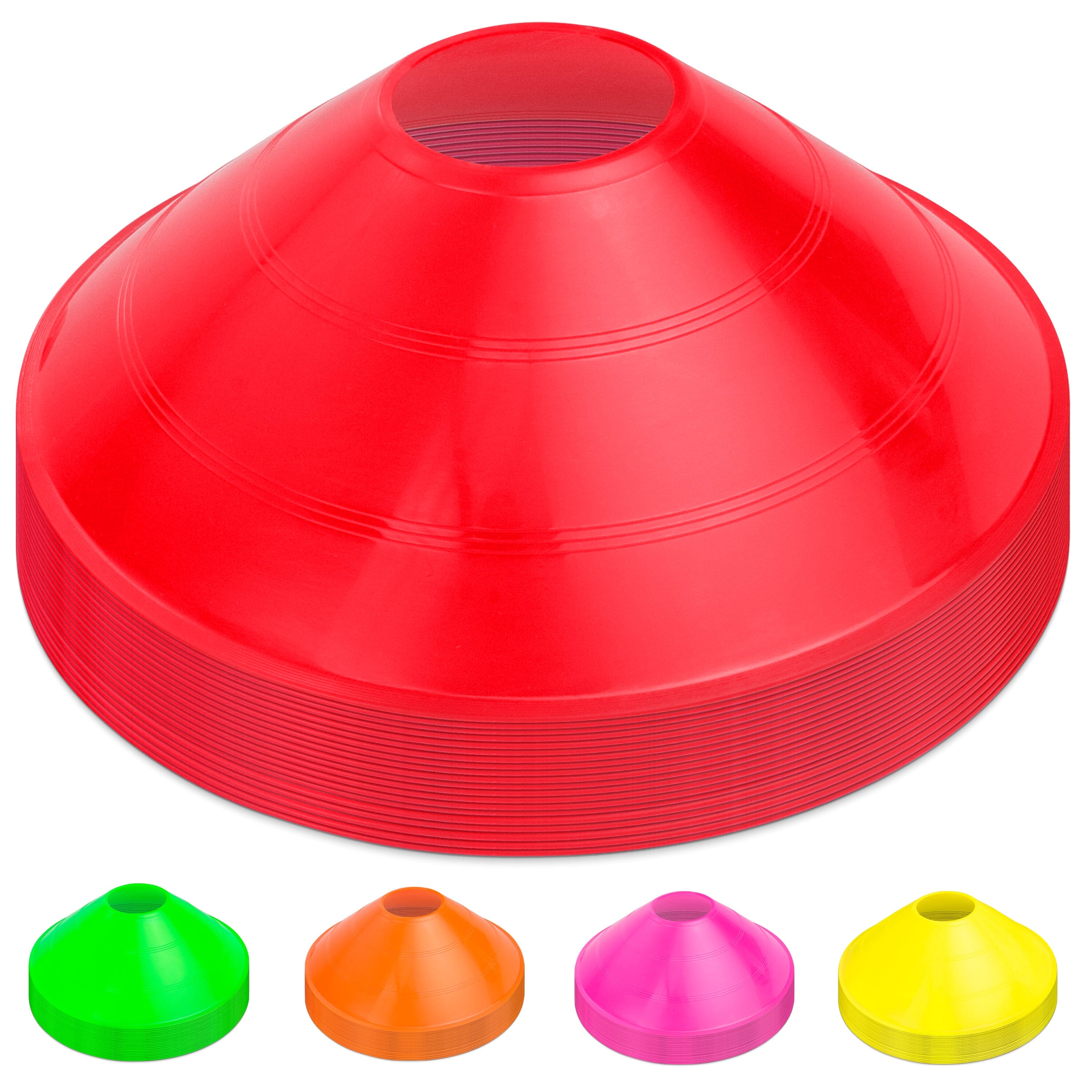 a red plastic cone with four different colored cones