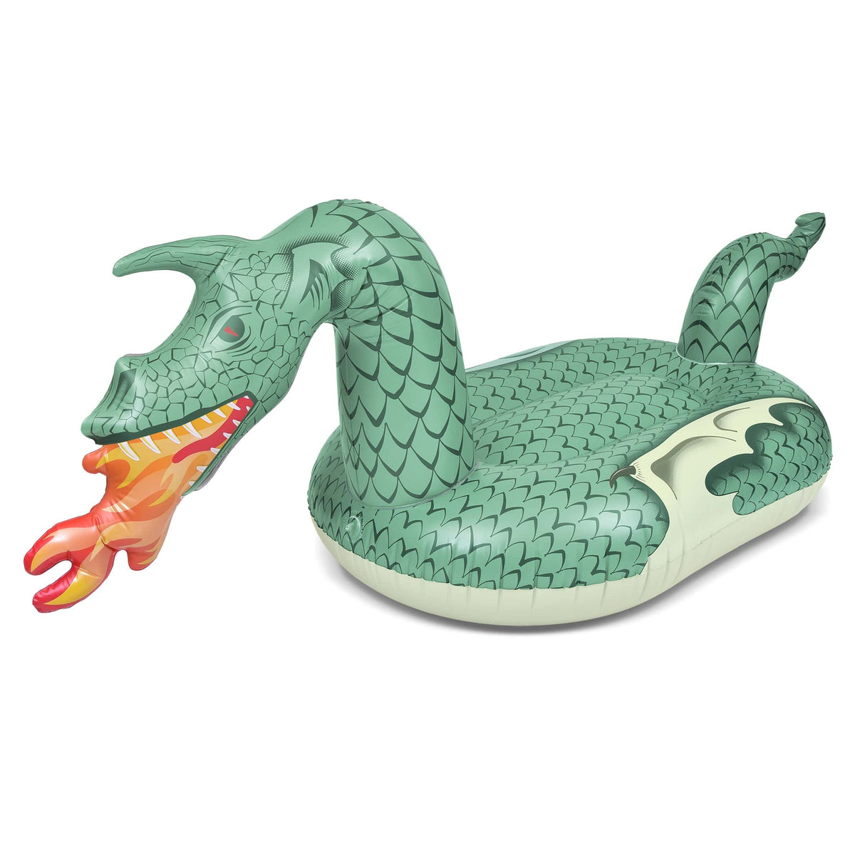 Green GoFloats giant Fire Dragon pool float with scaled neck, wings & orange flame breath