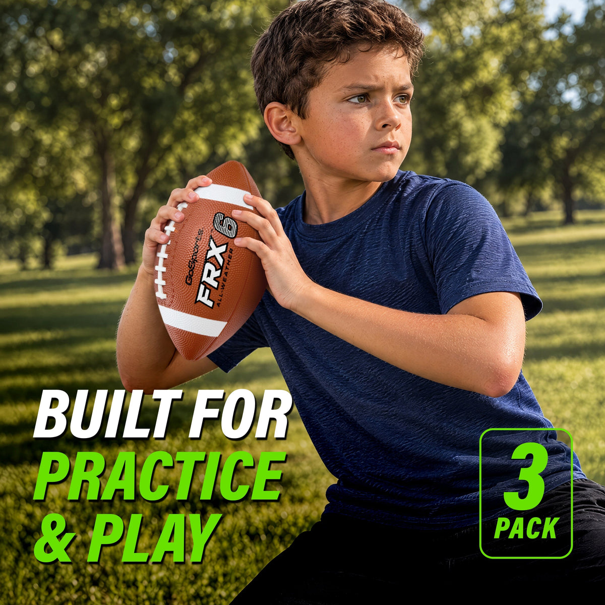 Boy in a blue t-shirt ready to throw a GoSports FRX 6 pee wee football, with 3-pack callout