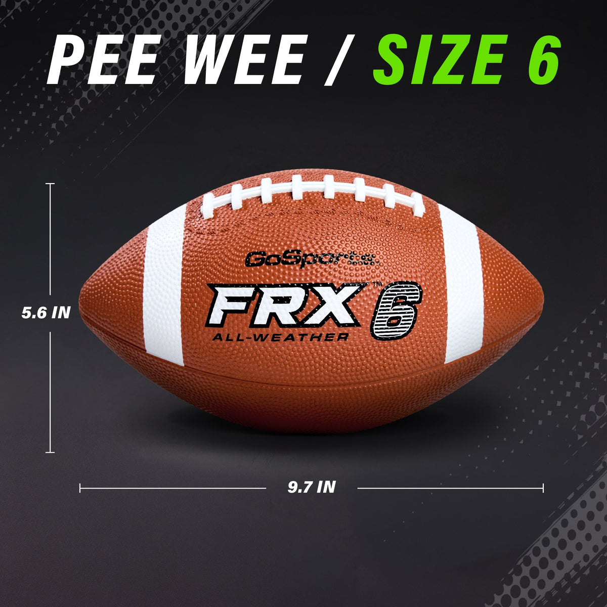 GoSports FRX pee wee size 6 football dimensions, 9.7 x 5.6 inch, shown for the 3-pk listing