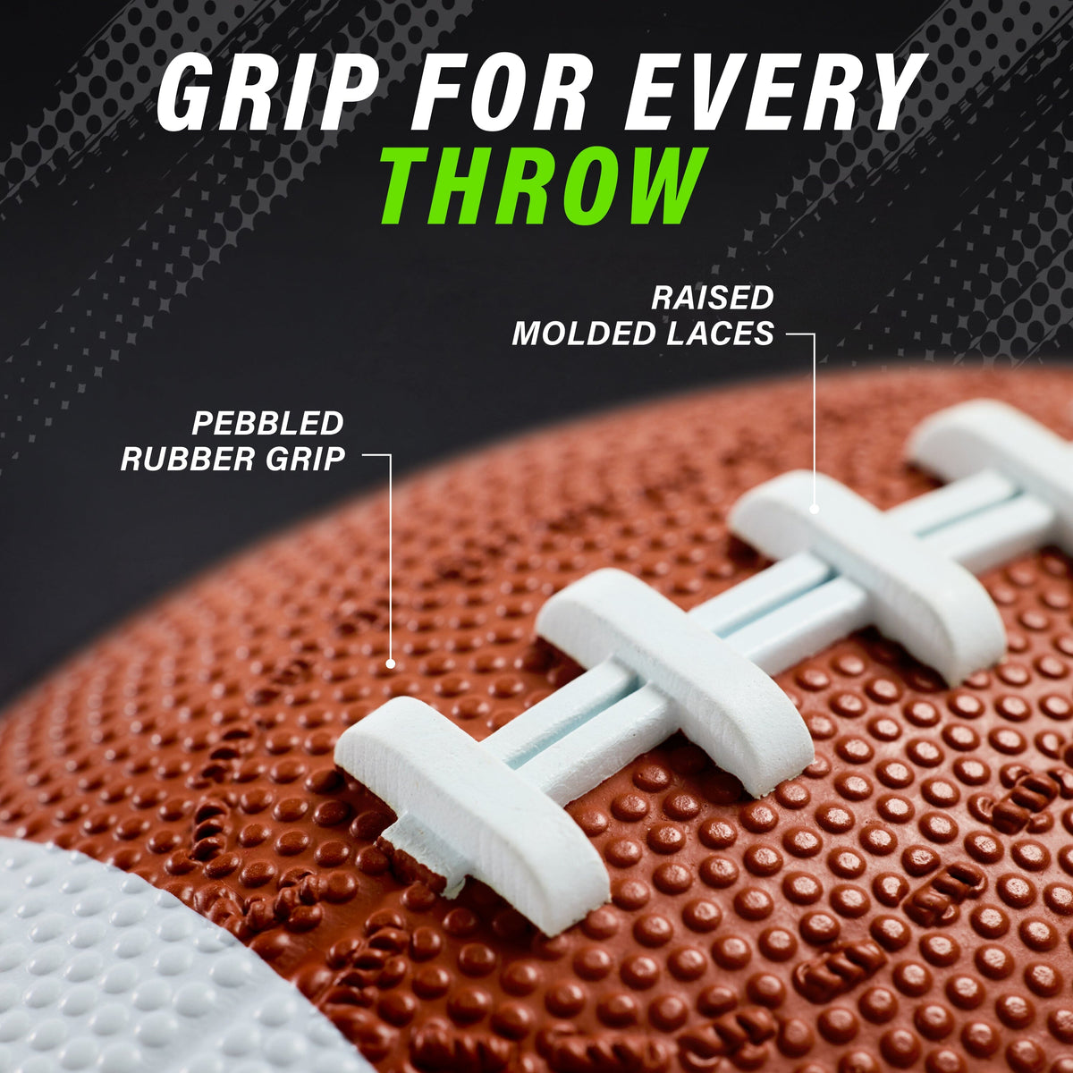 Detail of GoSports FRX football molded laces & pebbled rubber grip, shown for the 3-pk listing