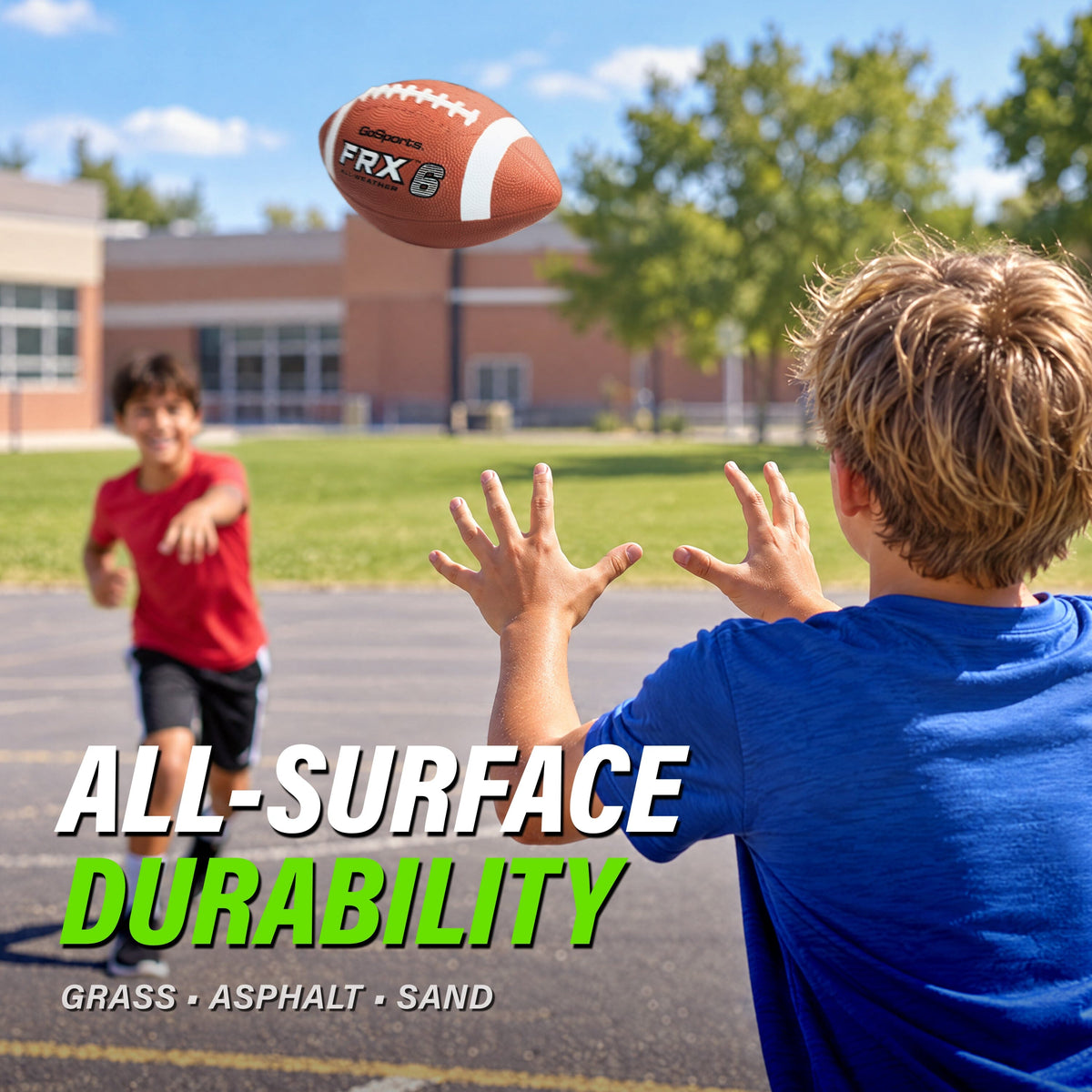 Kids playing catch on an asphalt schoolyard with a GoSports FRX 6 youth football