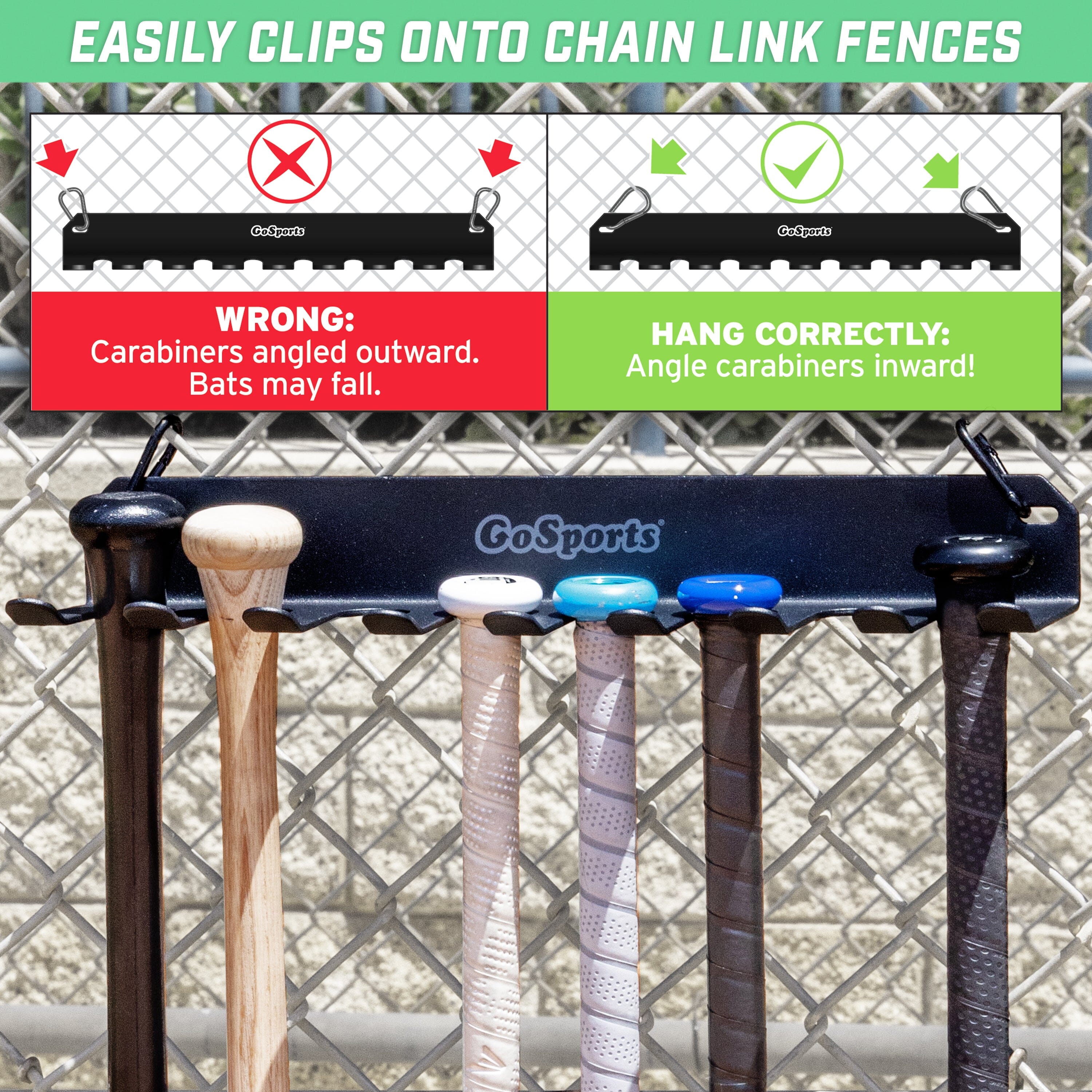 GoSports Baseball & Softball Bat Rack - Holds 16 Bats - Mount on Wall or Clip on Dugout Fence - Black Baseball GoSports 