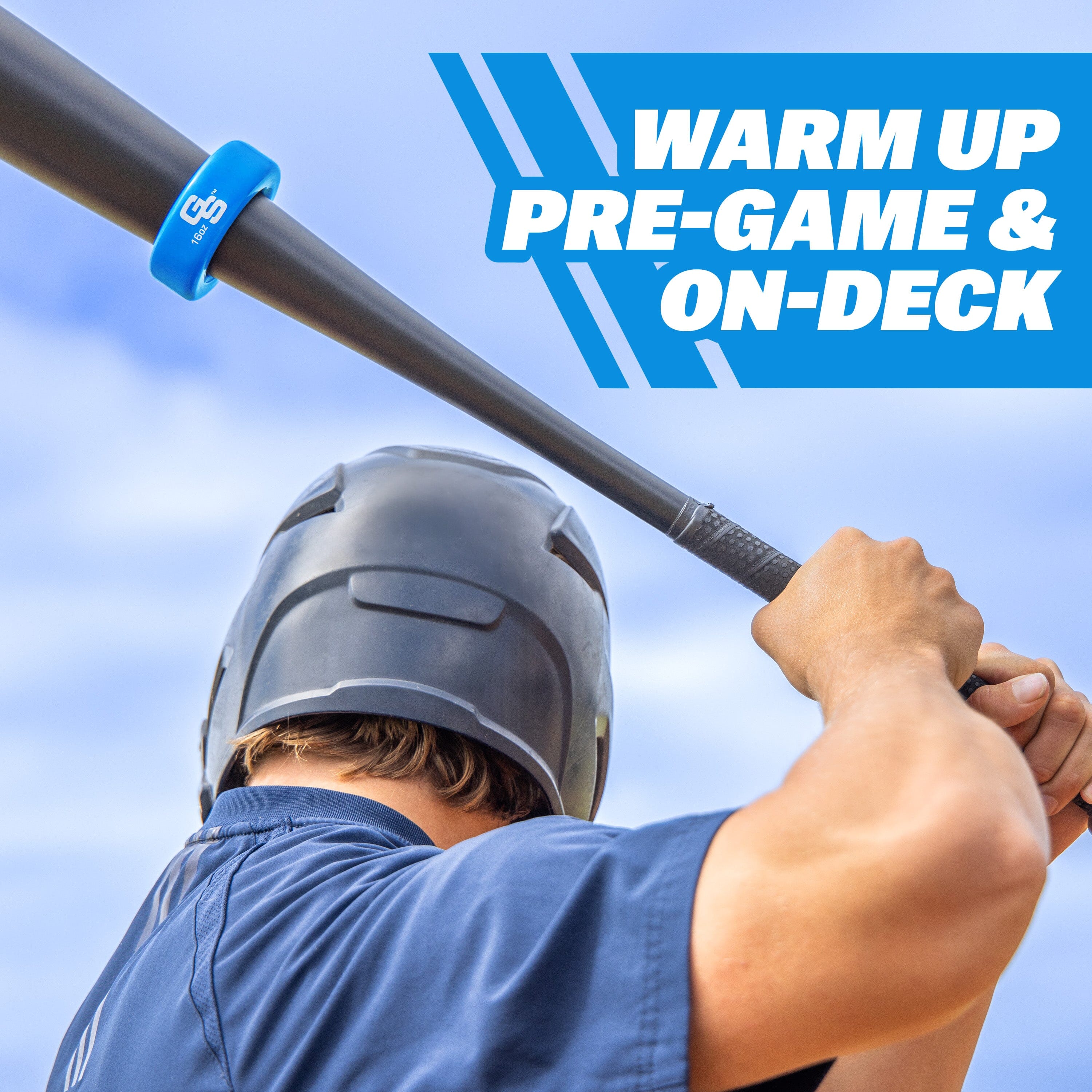 Person holding a baseball bat with a blue band, wearing a helmet, against a clear sky. Warm up pre-game and on-deck