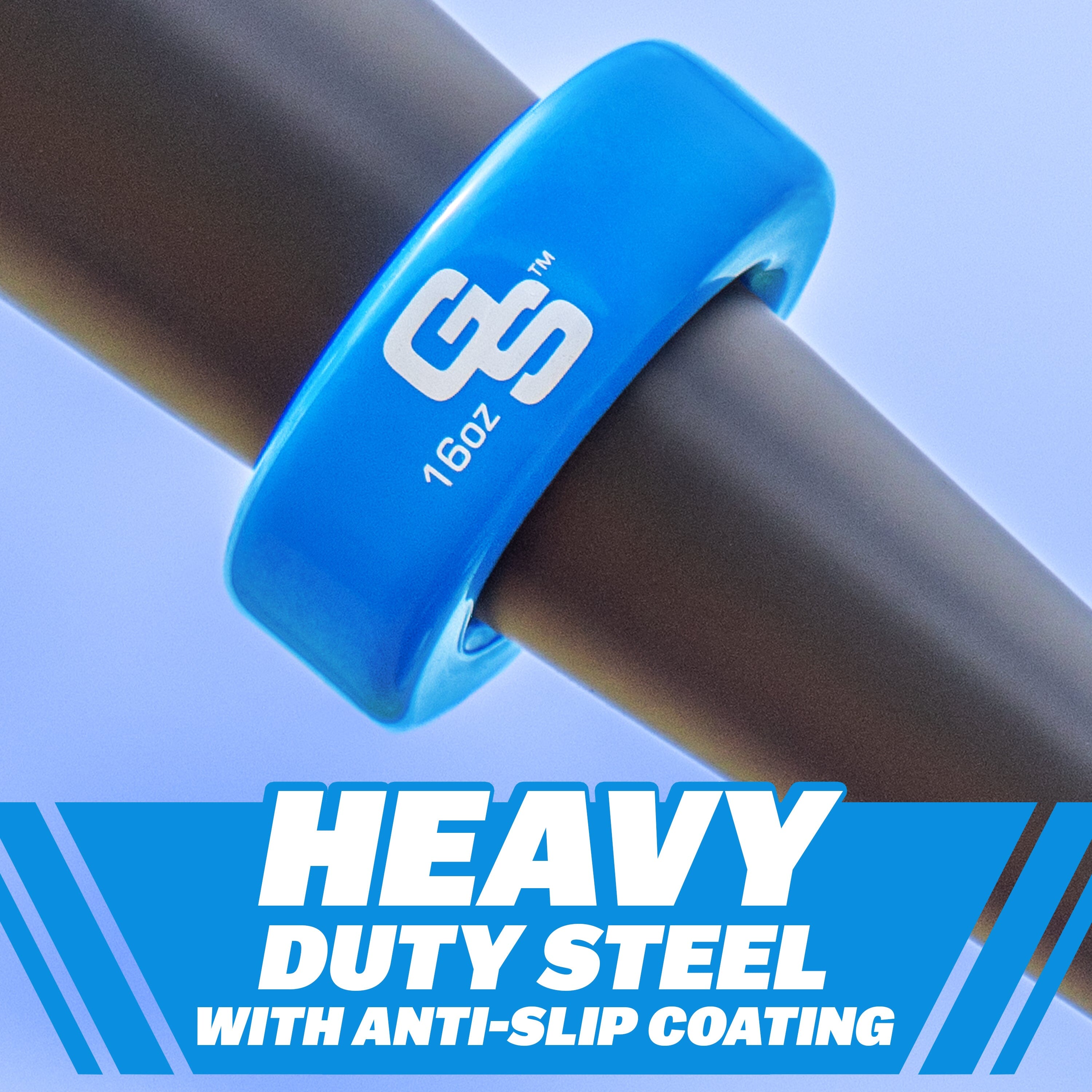 Blue baseball weight with GoSports branding on a metal baseball against a blue background. Heavy duty steel with anti-slip coating