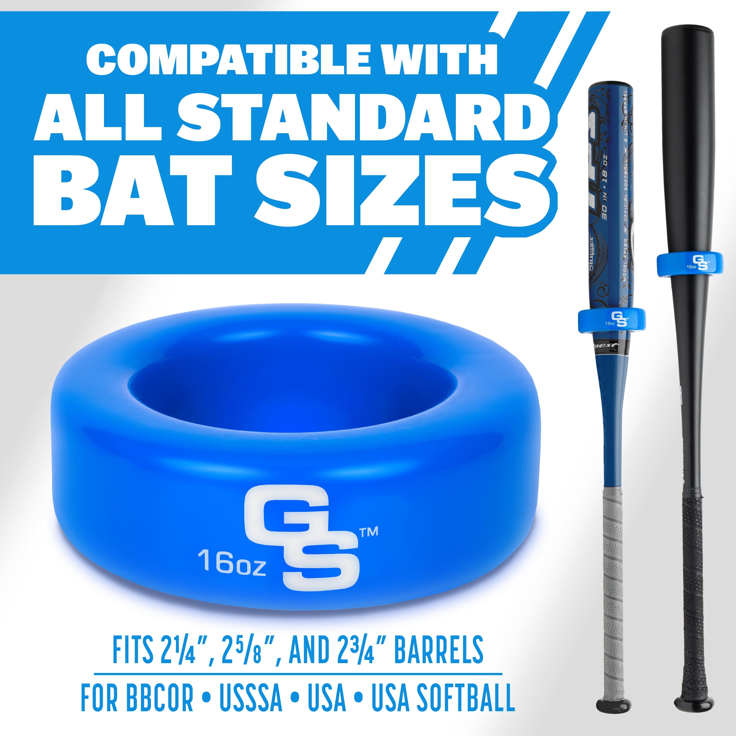 BlueGS baseball training aid with a bat on a white background. Fits two one fourth inches, two and five eights inches, and two three fourths barrels. 