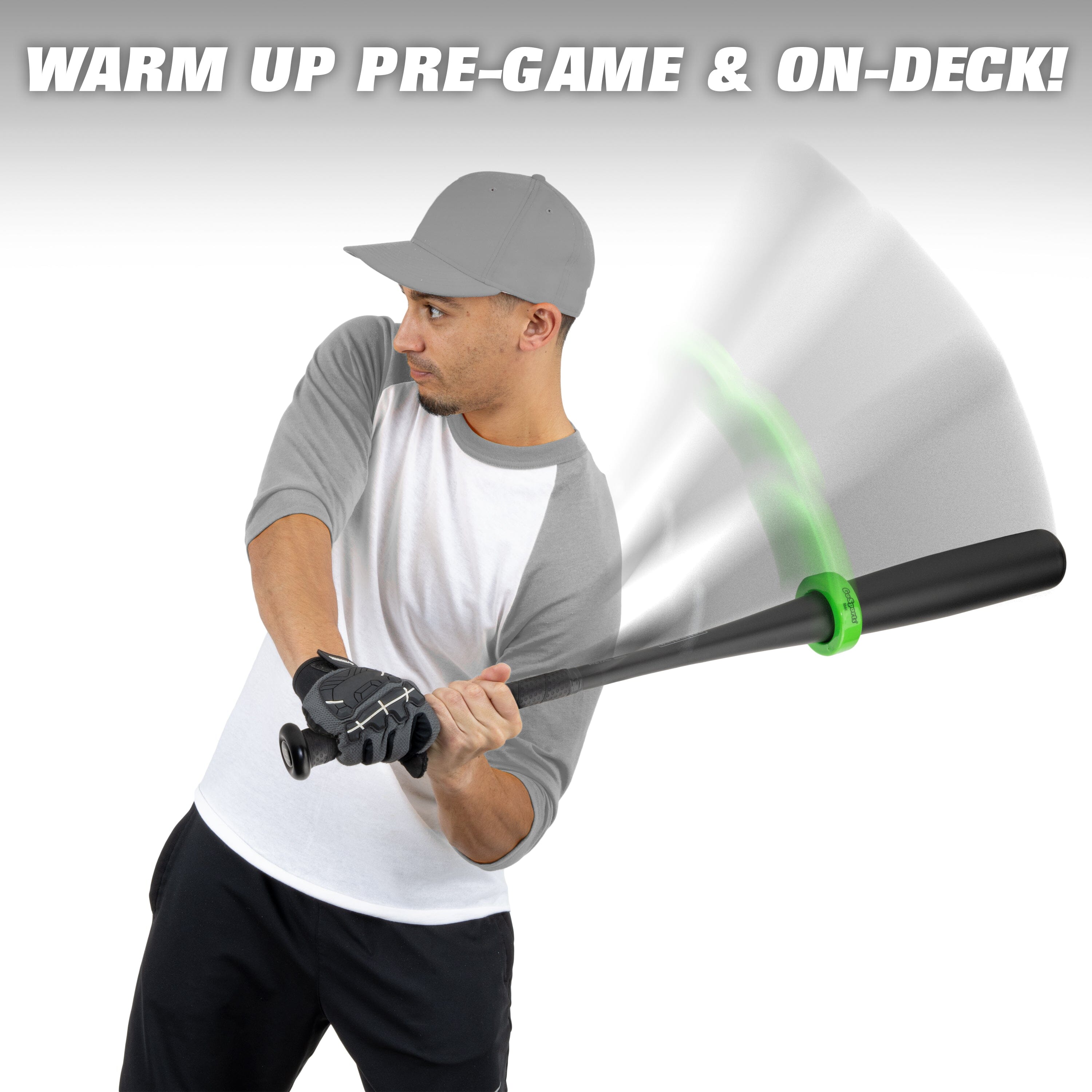 a man holding a baseball bat with the words warm up game on it