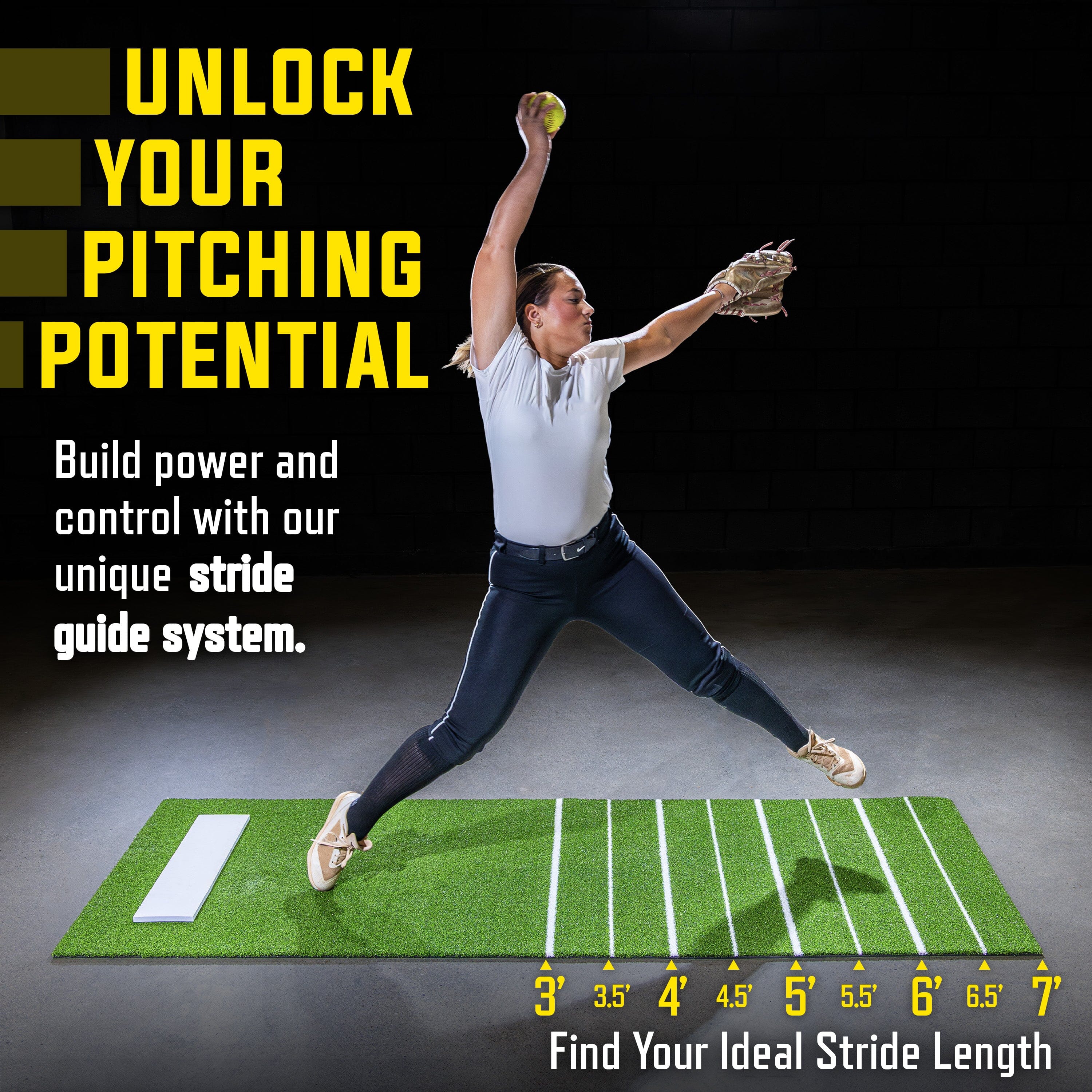 Person in a pitching pose on a sports mat with text about unlocking pitching potential and stride guide system.