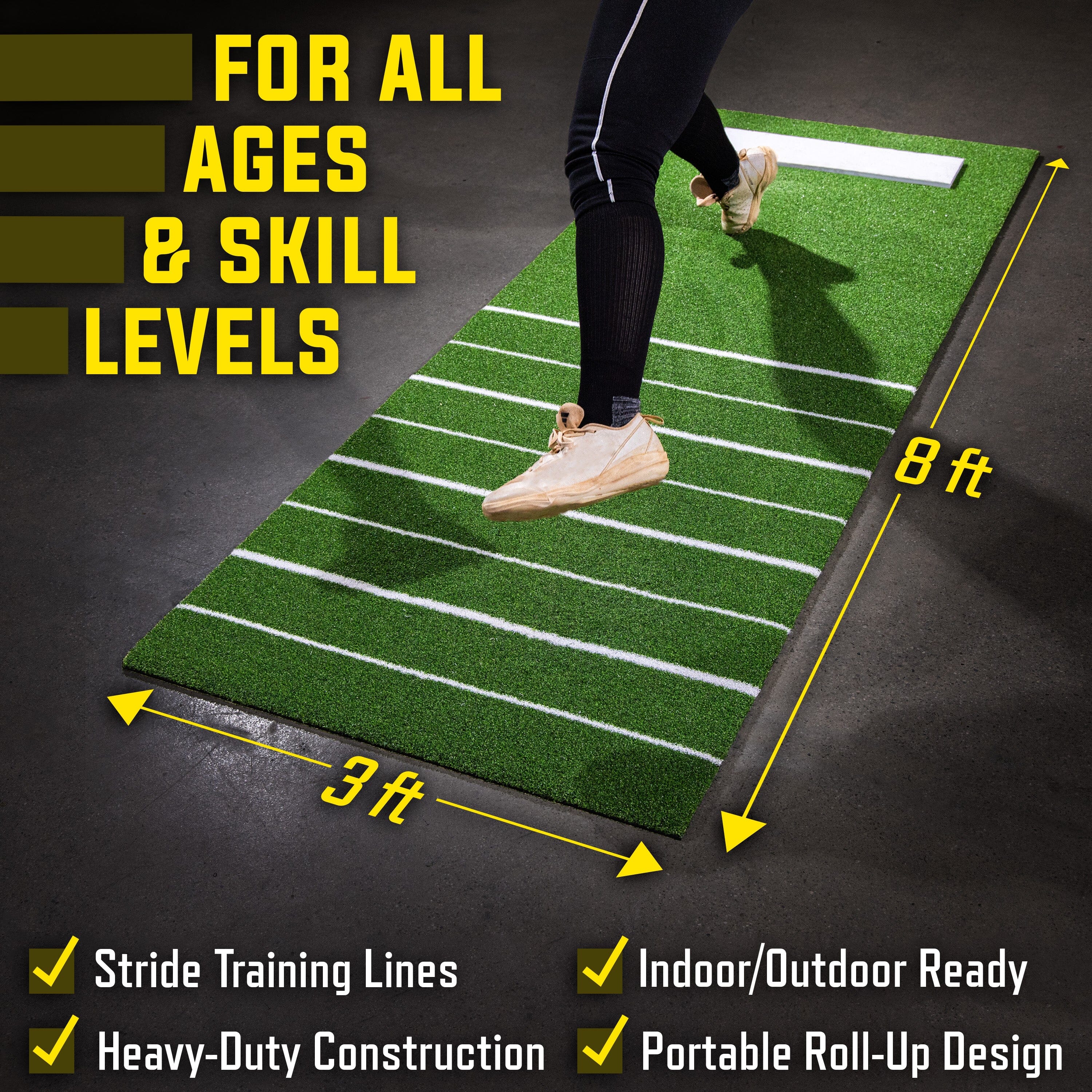 Green athletic mat with white lines, dimensions, and text about its features on a dark background.