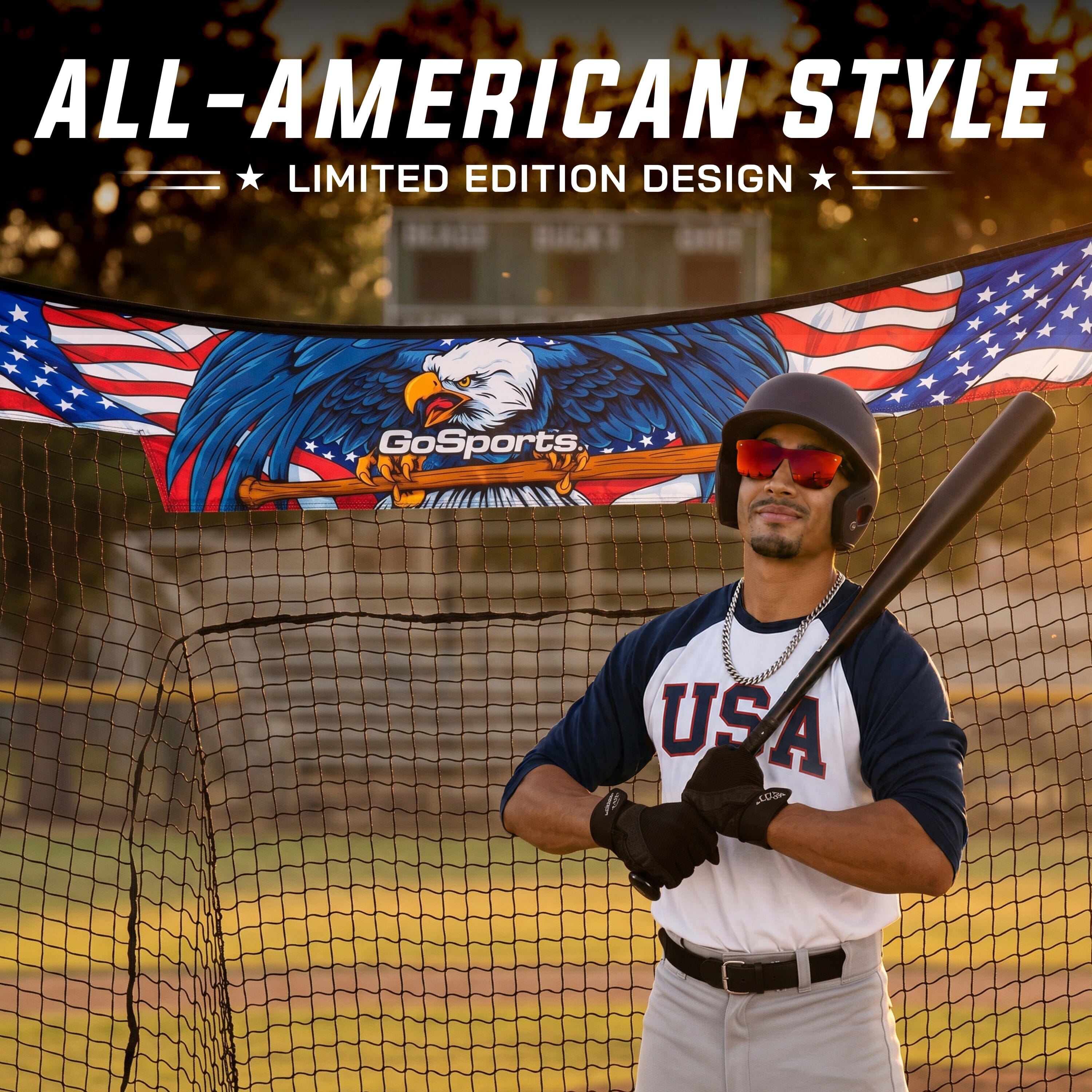 GoSports 7 x 7 ft America Drip Baseball & Softball Batting Net - Full Size Hitting & Pitching Net with Strike Zone and Carry Case PlayGoSports.com 