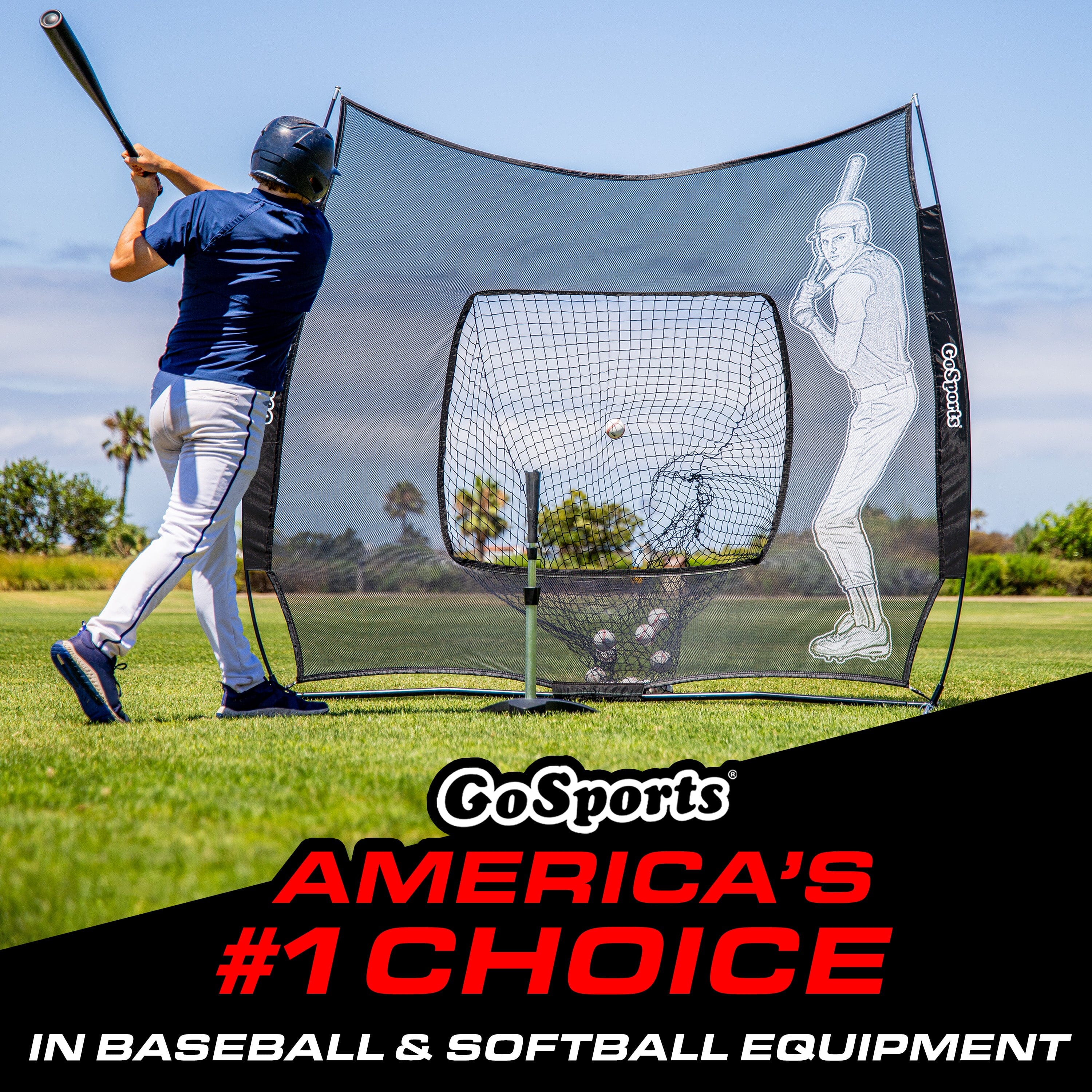 Man swinging baseball towards baseball net with built in Xtraman. GoSports America's number one choice in baseball and softball equipment. 