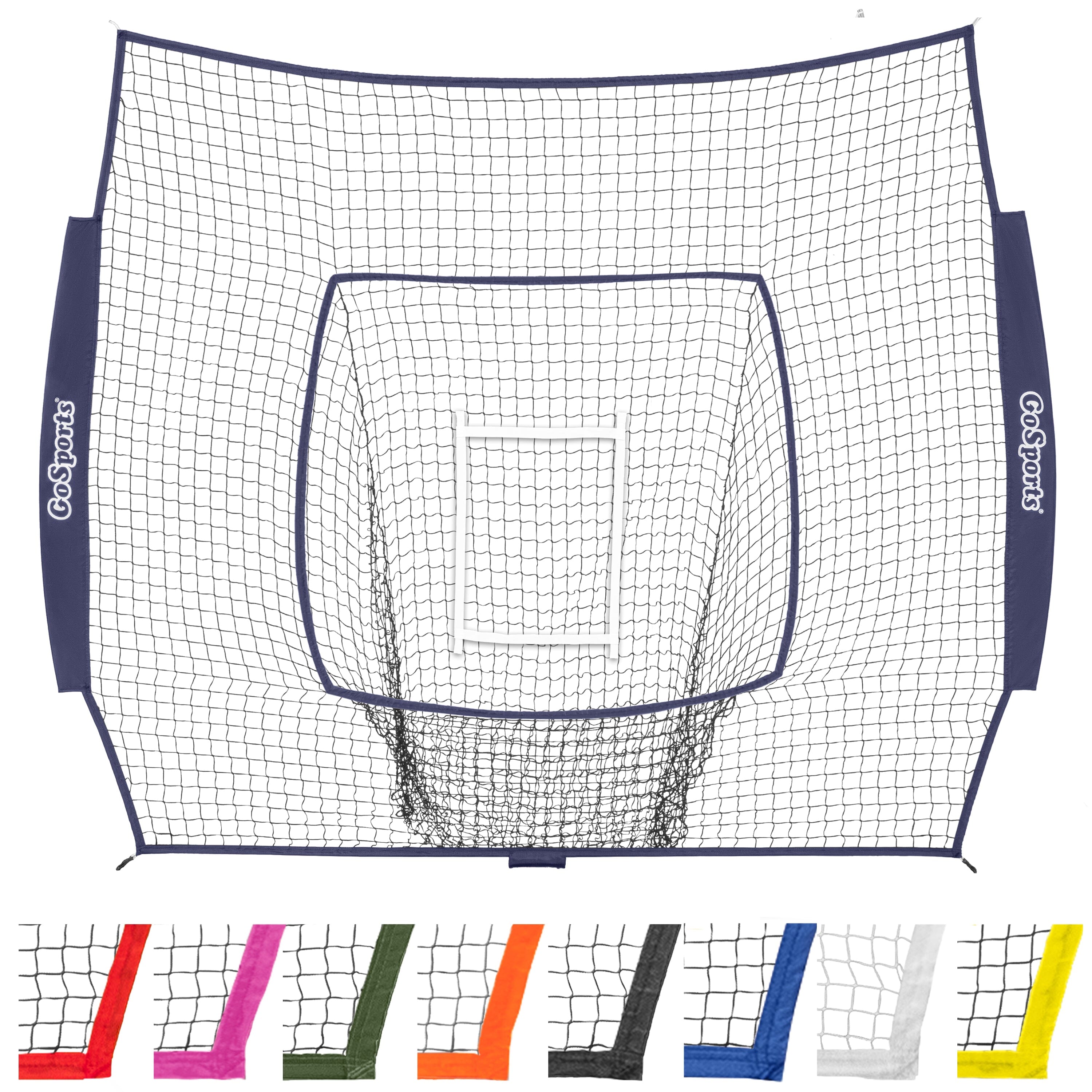 a soccer goal net with a blue net and a white net