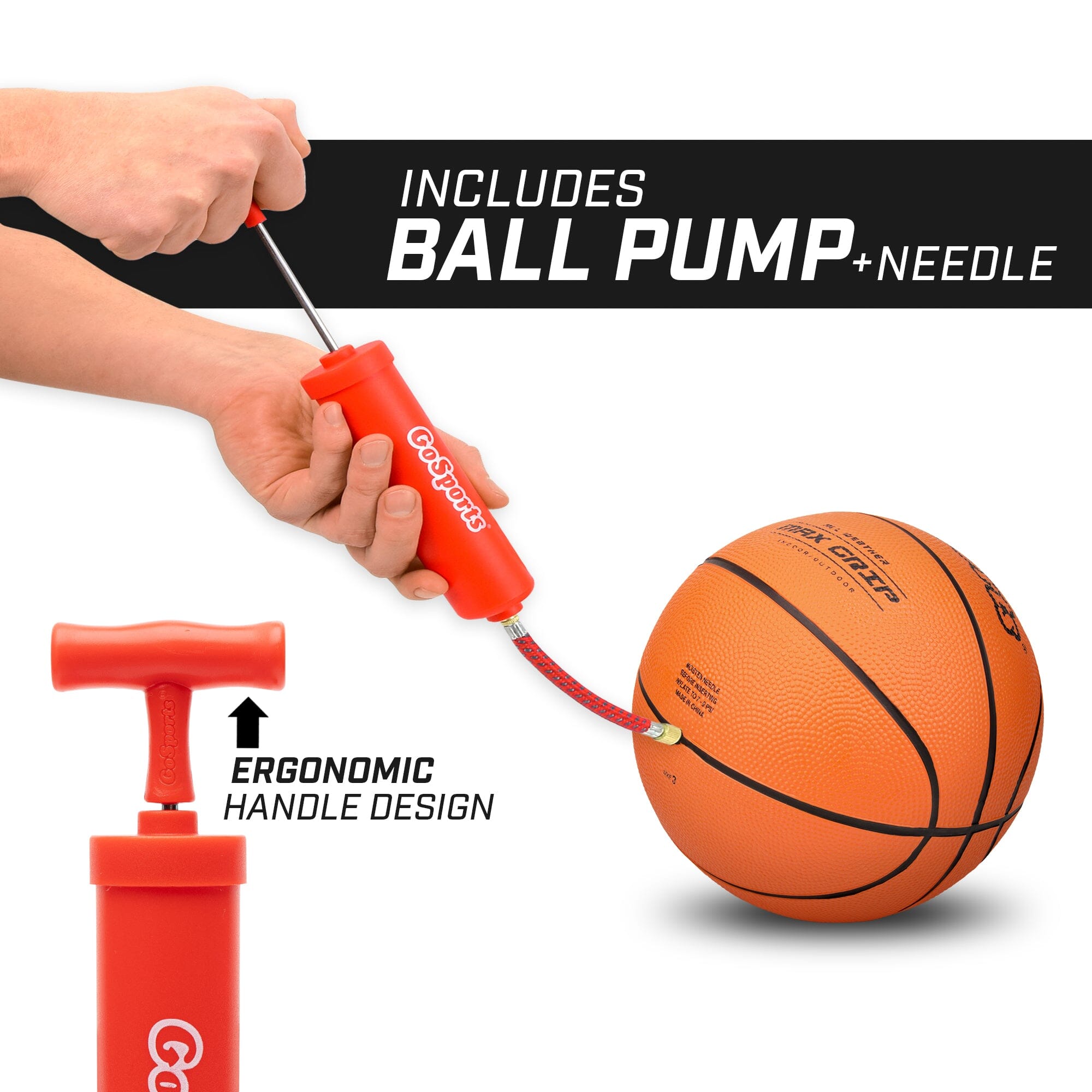 a hand holding a basketball ball with a pump