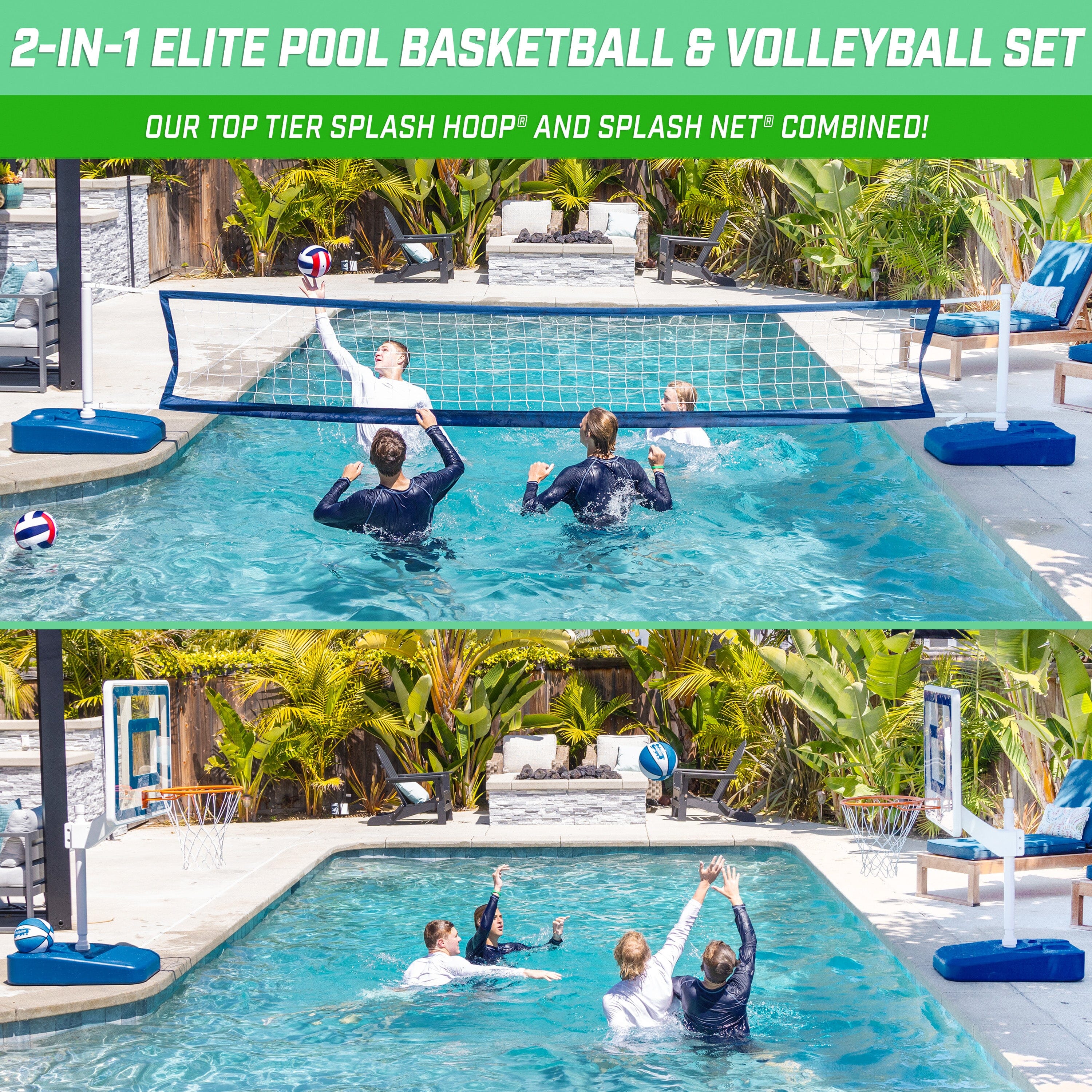 two people in a pool playing volleyball