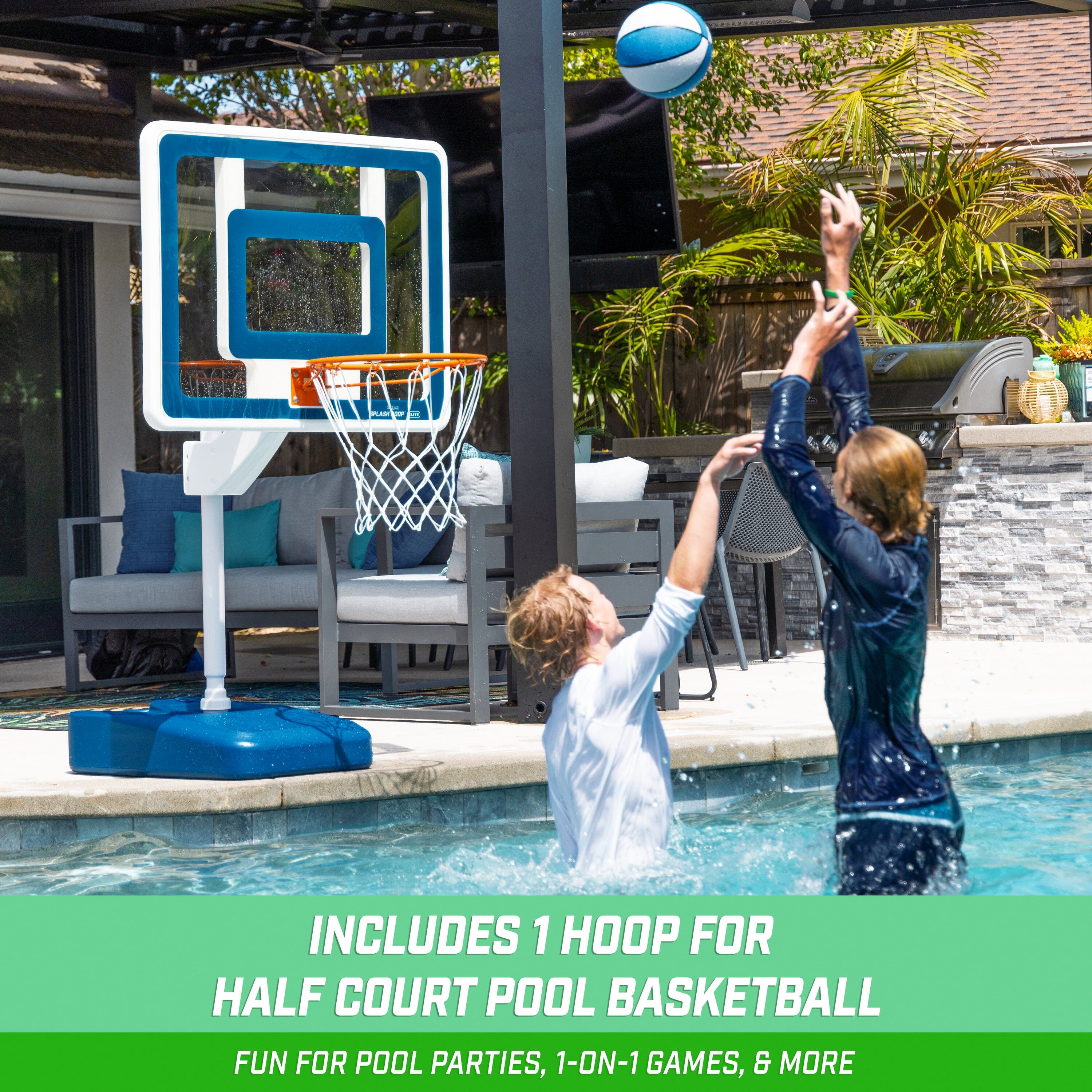 a boy and a boy playing basketball in a pool