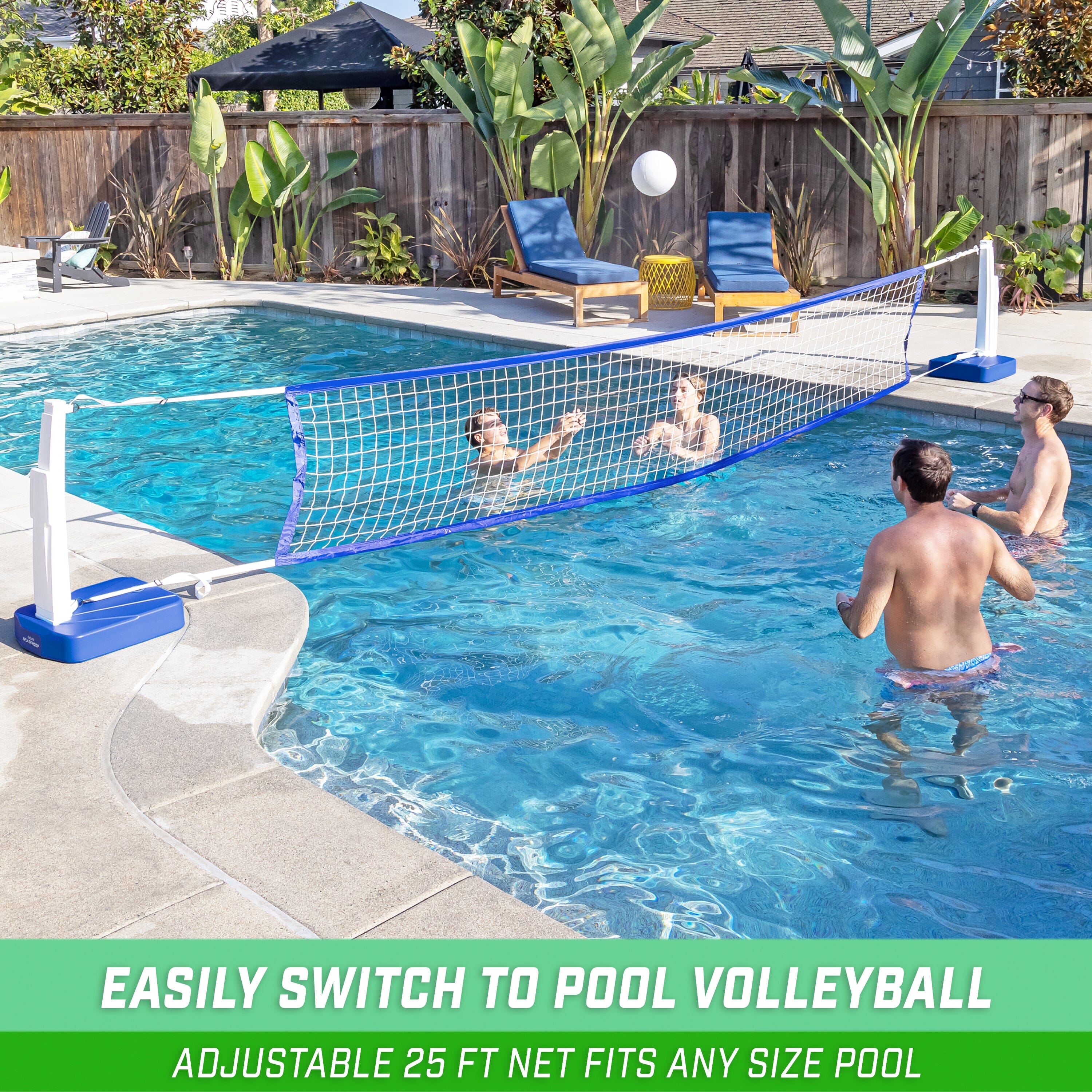 a couple of people playing volleyball in a pool