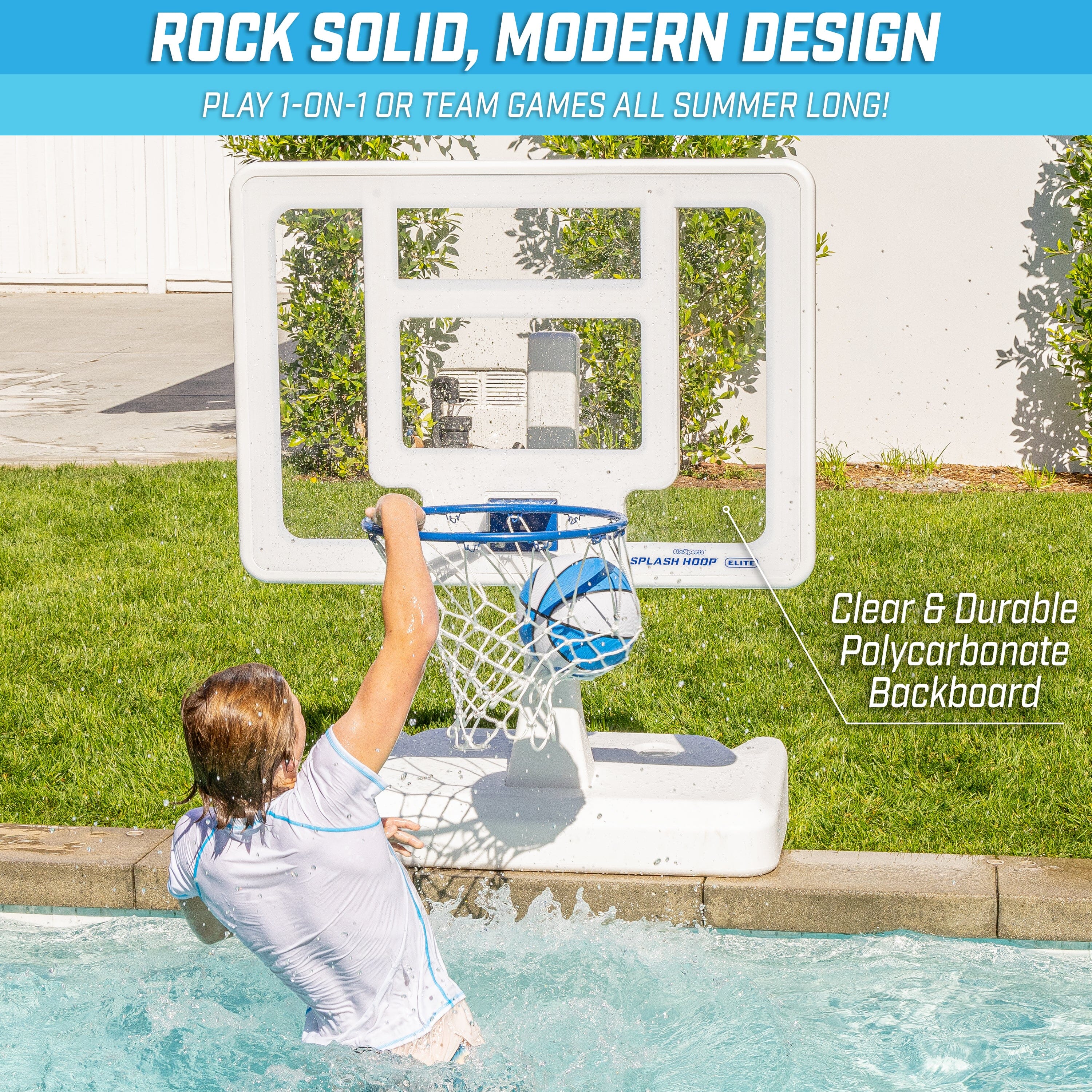 a man in a pool with a basketball hoop