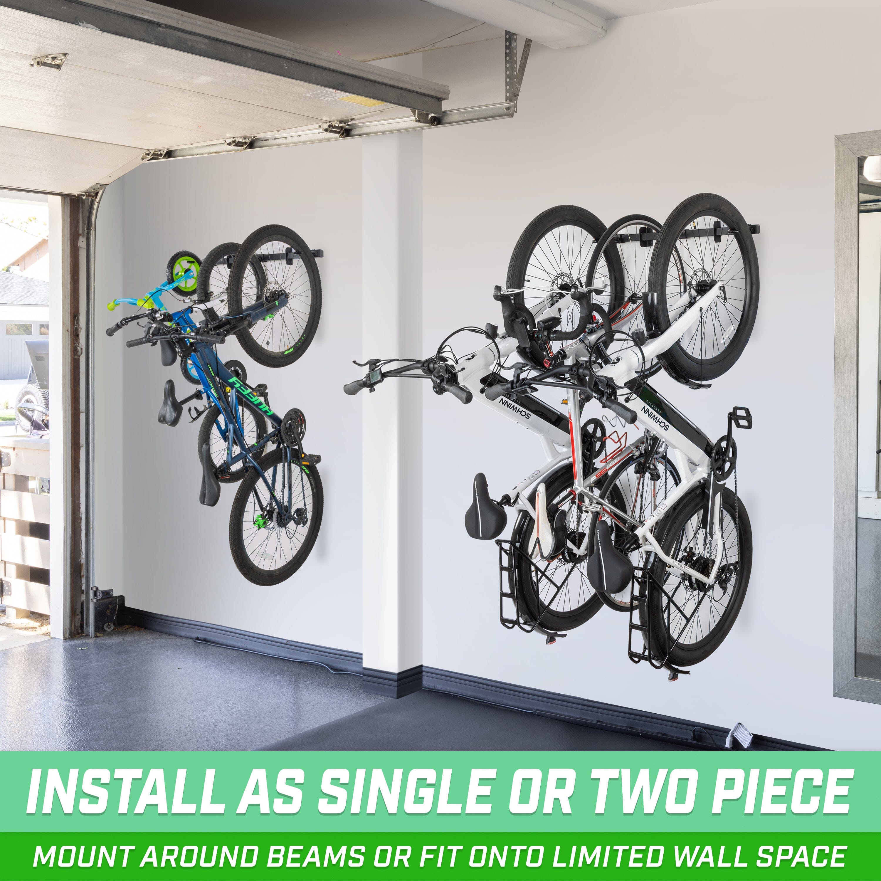 a garage with two bikes hanging on the wall