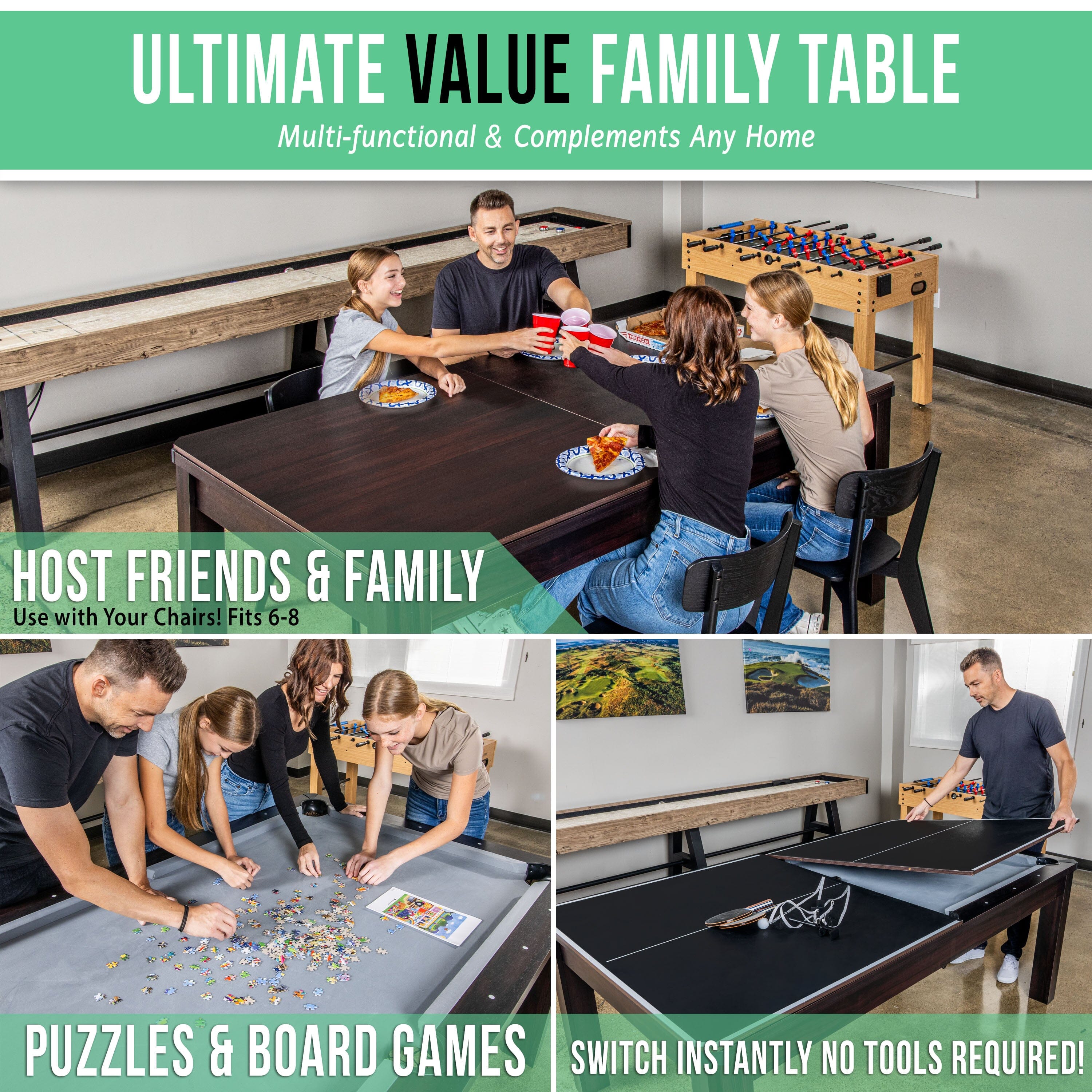 GoSports 7 ft 3 in 1 Pool, Dining, & Table Tennis Combo Table - Convertible Top Game Table with Billiards and Table Tennis Accessories GoSports 