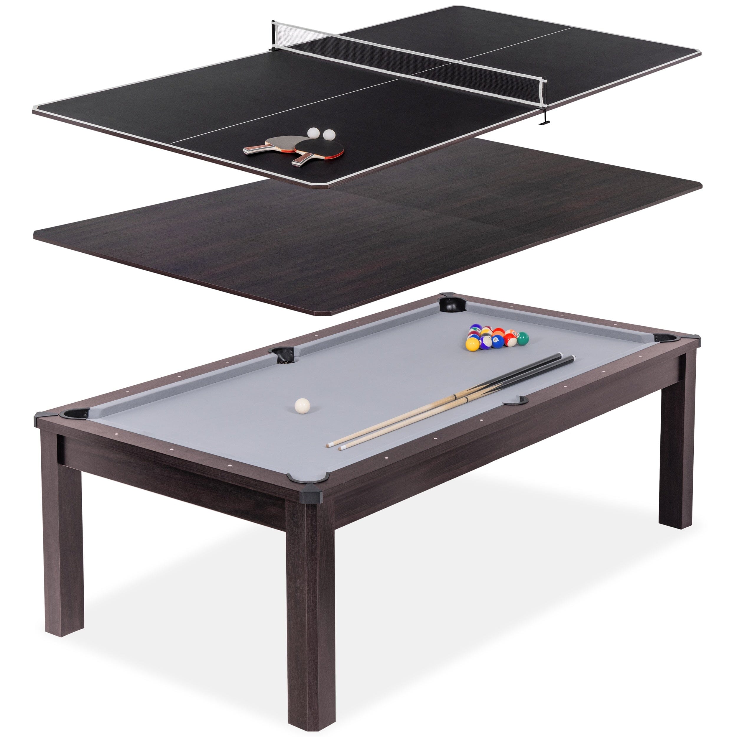 GoSports 8 ft 3 in 1 Pool, Dining, & Table Tennis Combo Table and Storage Benches - Convertible Billiards with Game Accessories PlayGoSports.com Dark 
