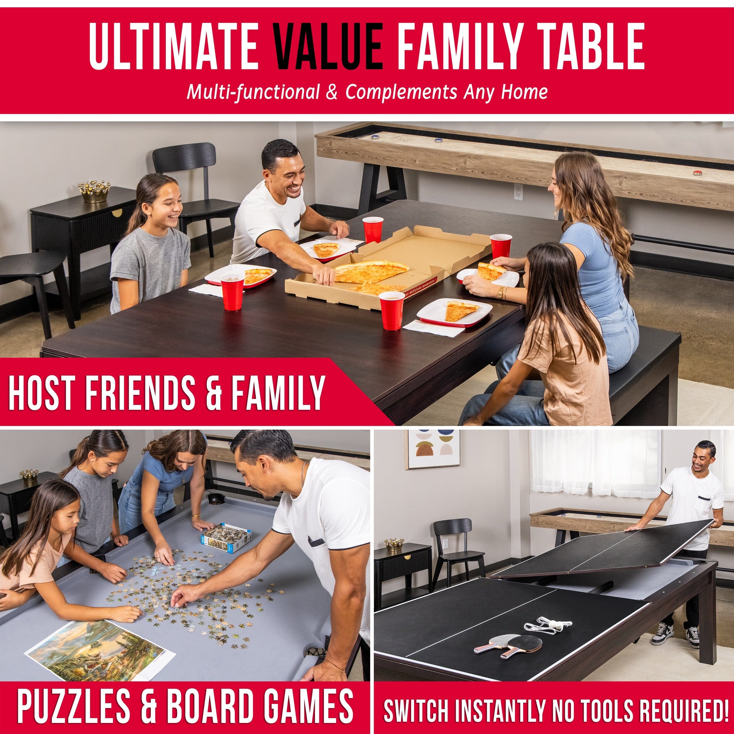 GoSports 8 ft 3 in 1 Pool, Dining, & Table Tennis Combo Table and Storage Benches - Convertible Billiards with Game Accessories PlayGoSports.com 