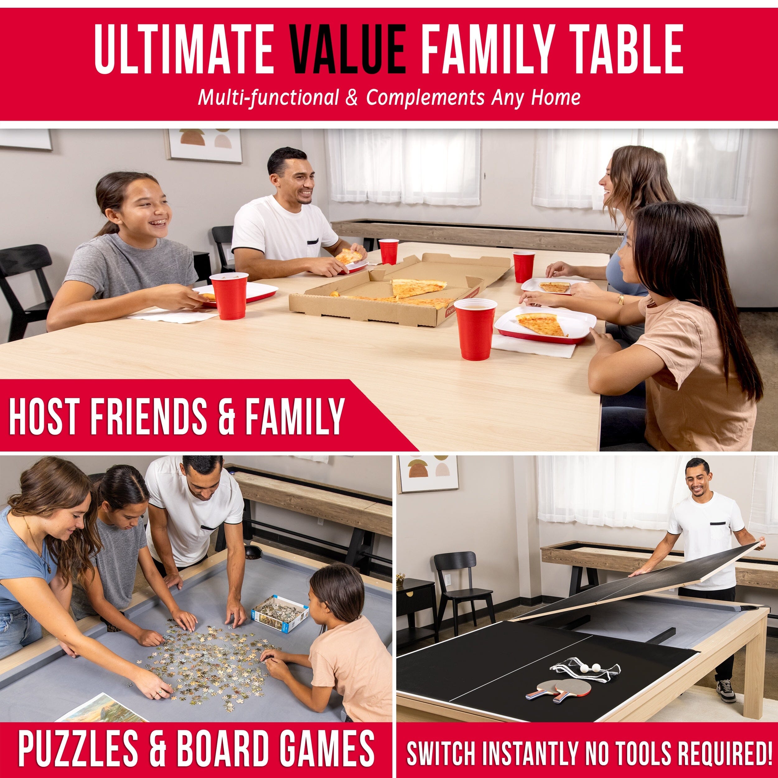 GoSports 8 ft 3 in 1 Pool, Dining, & Table Tennis Combo Table and Storage Benches - Convertible Billiards with Game Accessories PlayGoSports.com 