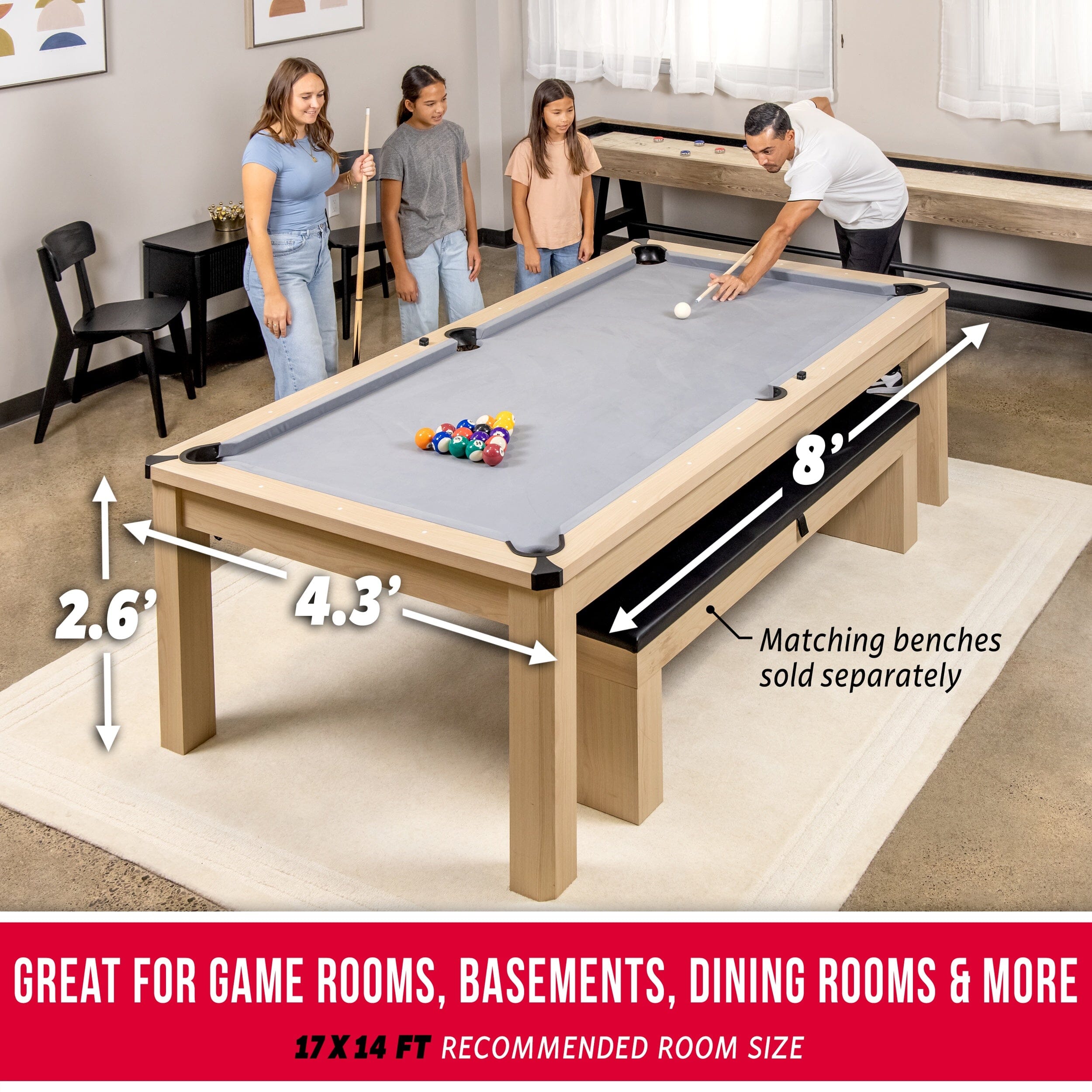 GoSports 8 ft 3 in 1 Pool, Dining, & Table Tennis Combo Table and Storage Benches - Convertible Billiards with Game Accessories PlayGoSports.com 