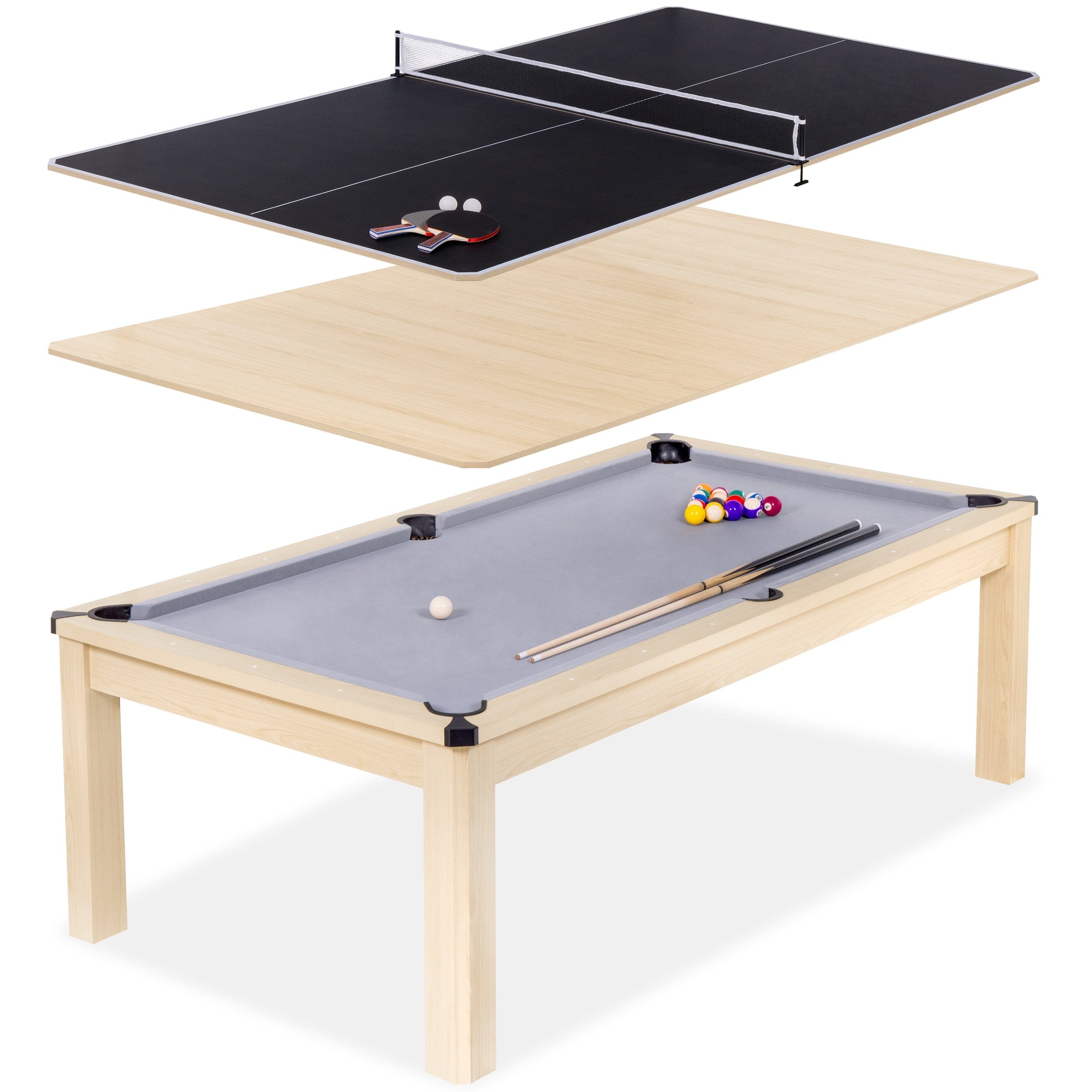 GoSports 8 ft 3 in 1 Pool, Dining, & Table Tennis Combo Table and Storage Benches - Convertible Billiards with Game Accessories PlayGoSports.com Light 