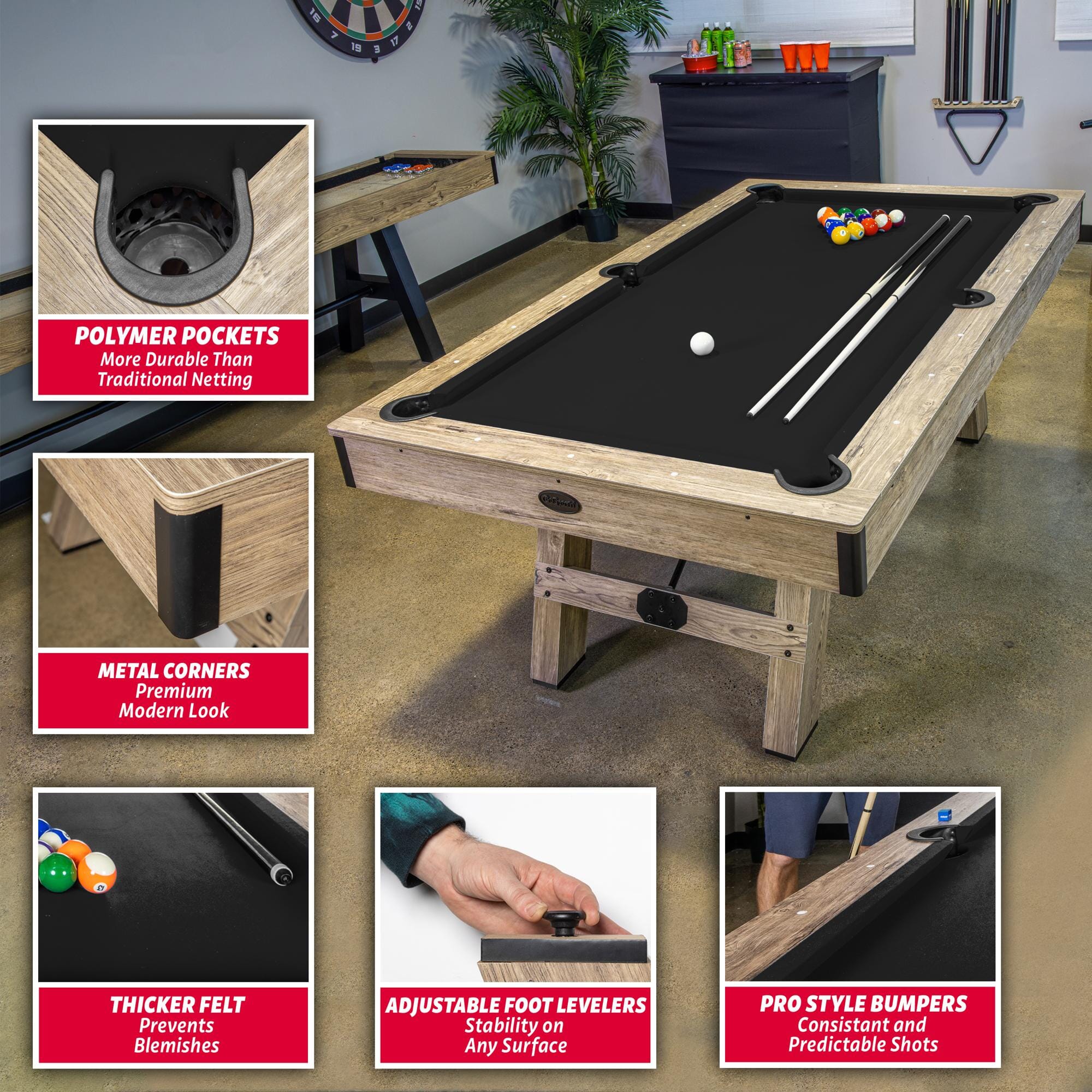 GoSports 7 ft Pool Table with Rustic Black Wood Finish - Modern Billiards Table with 2 Cue Sticks, Balls, Rack, Felt Brush and Chalk PlayGoSports.com 