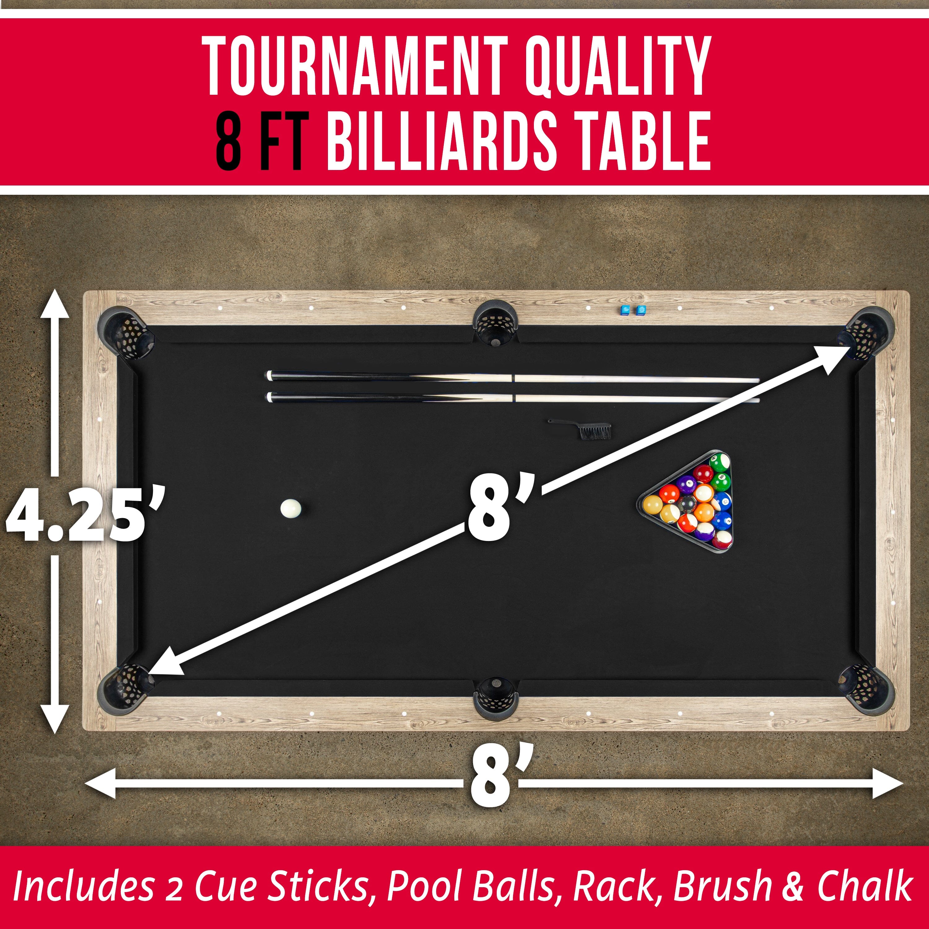 GoSports 8 ft Pool Table with Rustic Brown Wood Finish - Modern Billiards Table with 2 Cue Sticks, Balls, Rack, Felt Brush and Chalk - Black GoSports 