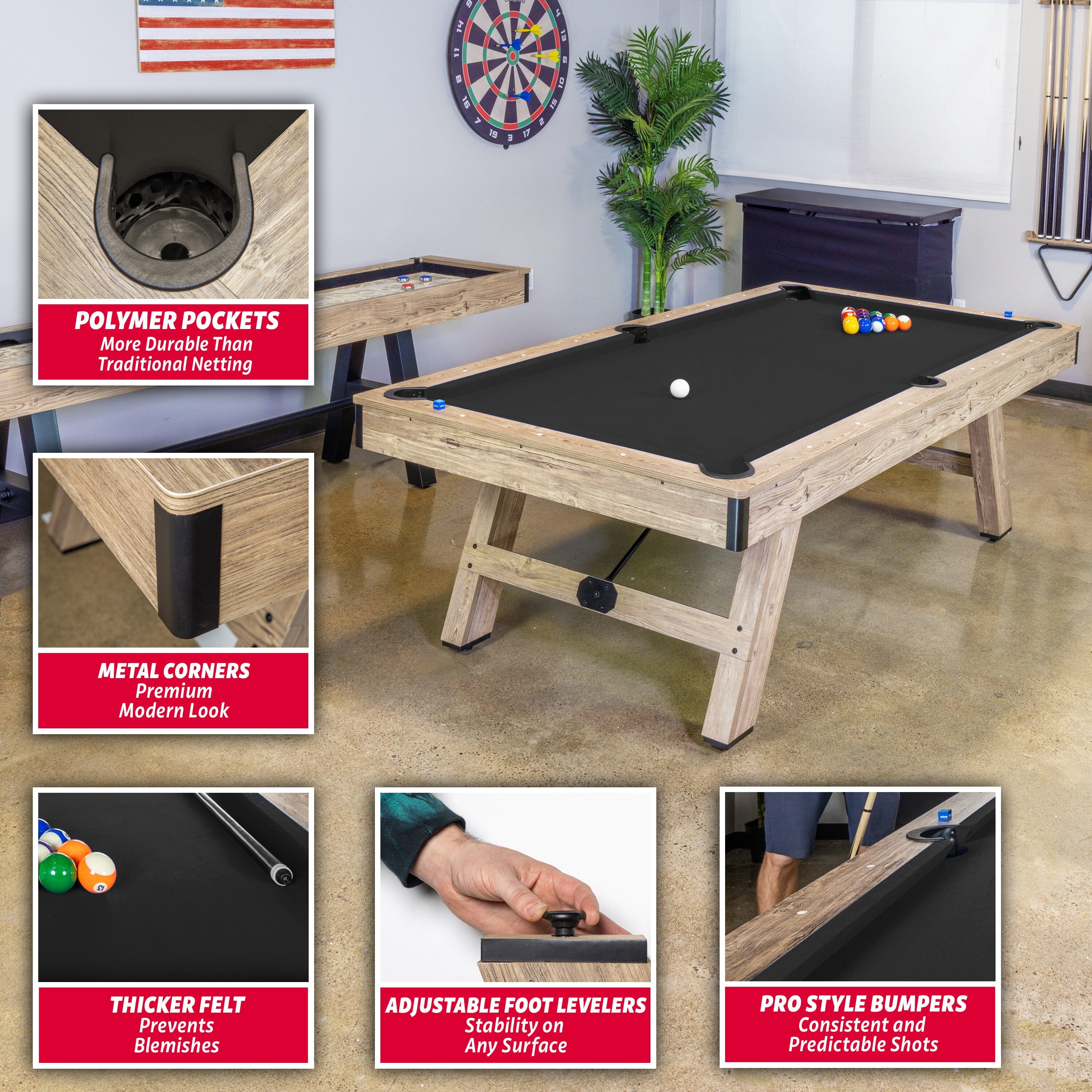 GoSports 8 ft Pool Table with Rustic Brown Wood Finish - Modern Billiards Table with 2 Cue Sticks, Balls, Rack, Felt Brush and Chalk - Black GoSports 