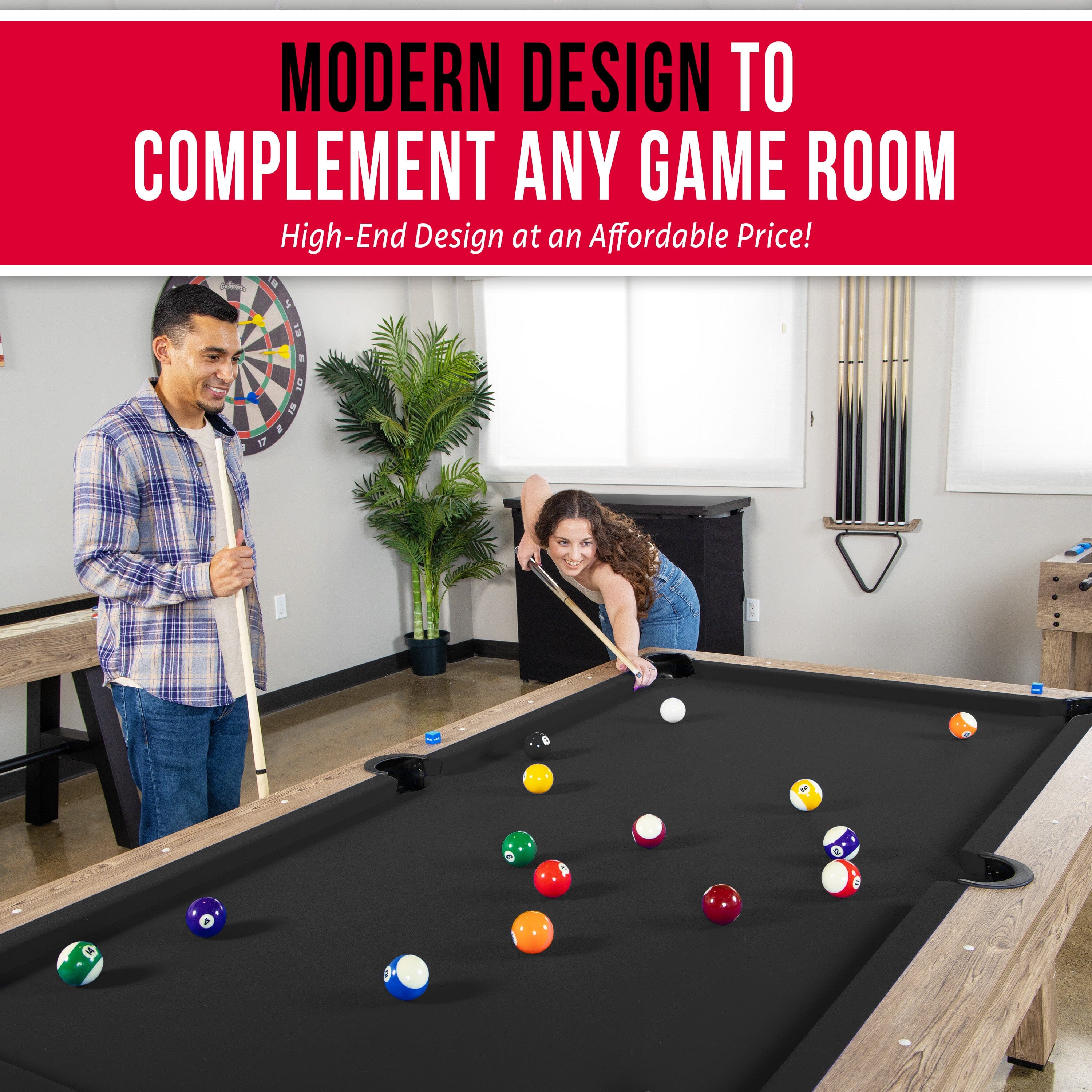 GoSports 8 ft Pool Table with Rustic Brown Wood Finish - Modern Billiards Table with 2 Cue Sticks, Balls, Rack, Felt Brush and Chalk - Black GoSports 