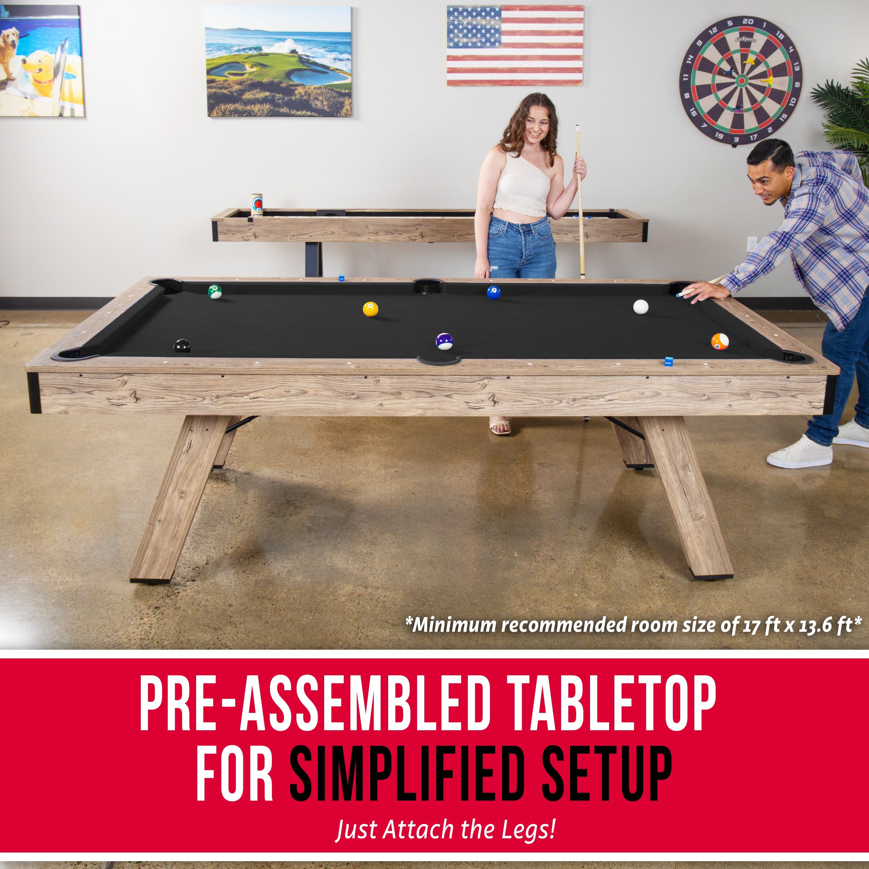 GoSports 8 ft Pool Table with Rustic Brown Wood Finish - Modern Billiards Table with 2 Cue Sticks, Balls, Rack, Felt Brush and Chalk - Black GoSports 