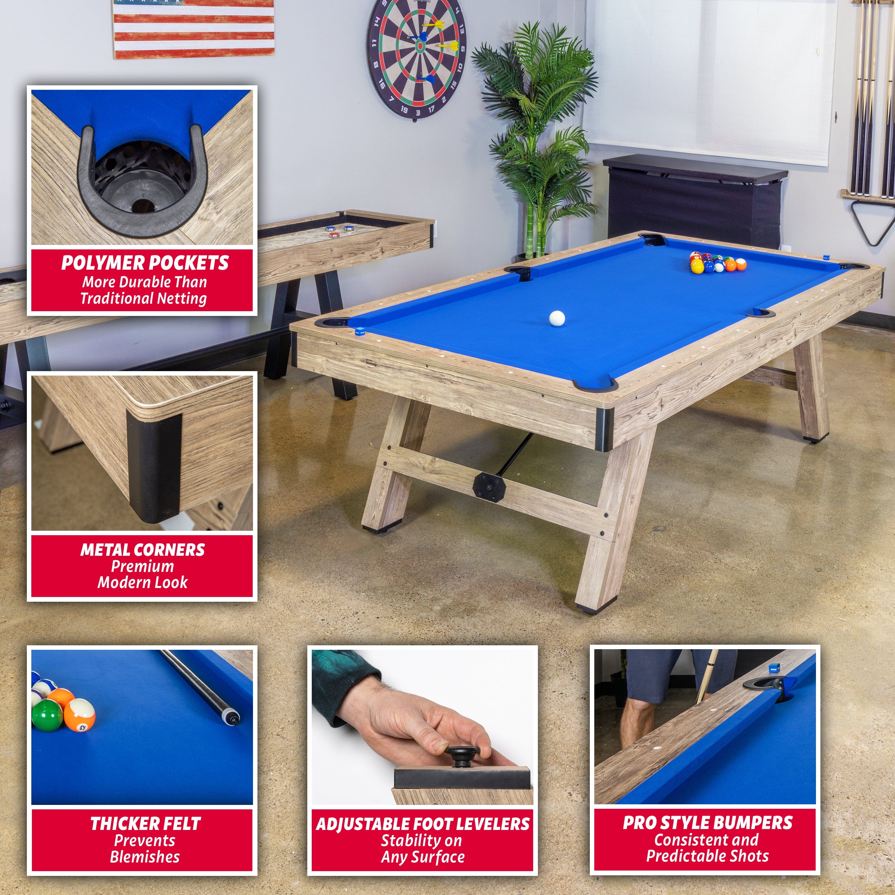 GoSports 8 ft Pool Table with Rustic Brown Wood Finish - Modern Billiards Table with 2 Cue Sticks, Balls, Rack, Felt Brush and Chalk - Blue GoSports 