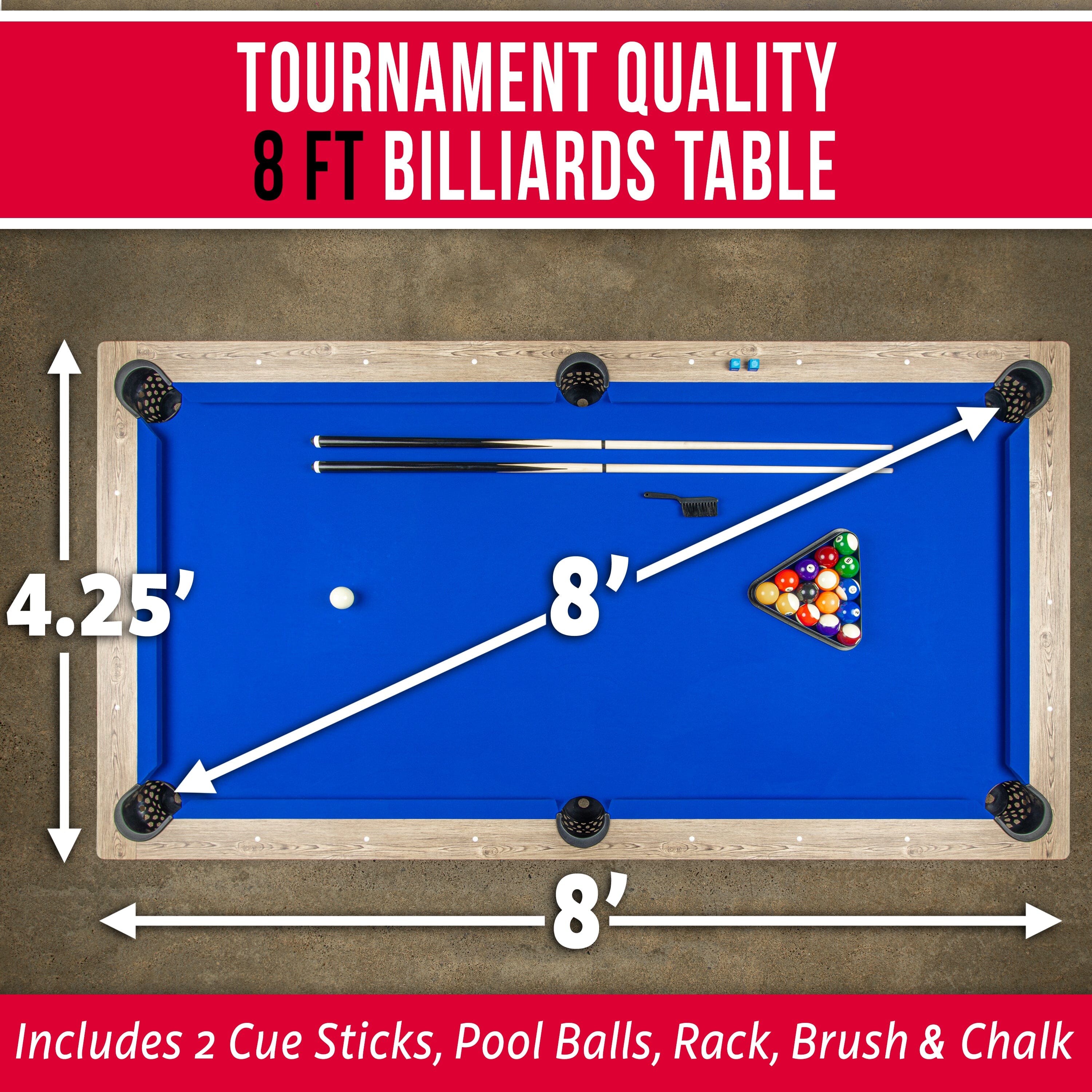 GoSports 8 ft Pool Table with Rustic Brown Wood Finish - Modern Billiards Table with 2 Cue Sticks, Balls, Rack, Felt Brush and Chalk - Blue GoSports 