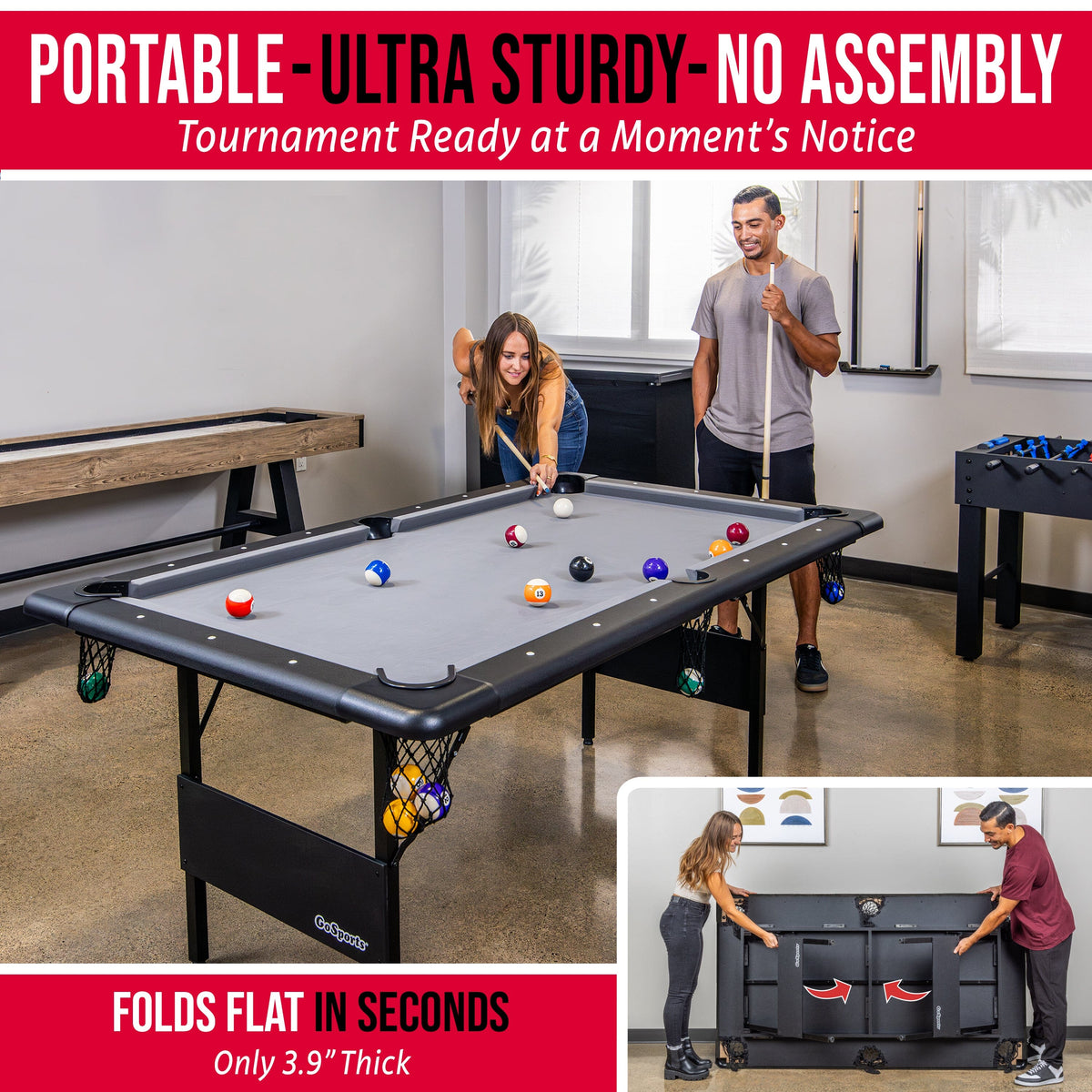 GoSports 6 ft Foldable Pool Table - Portable Billiards Table with ...