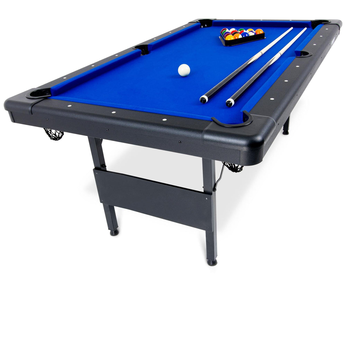 GoSports 6 ft portable pool table in blue felt on a black folding frame with corner nets, 2 cue sticks, ball rack & cue ball
